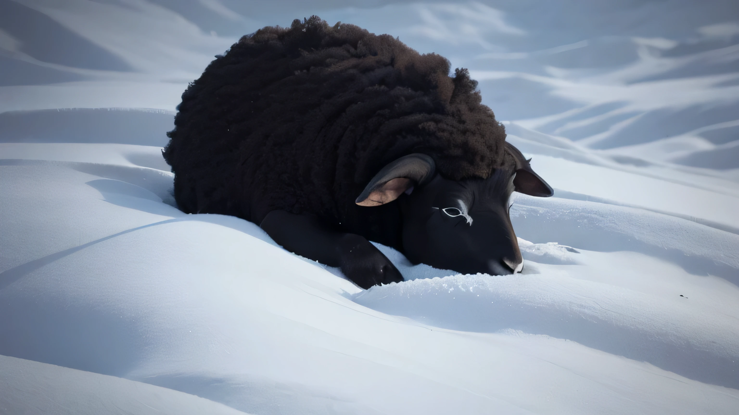 One black sheep sleeping in a white world