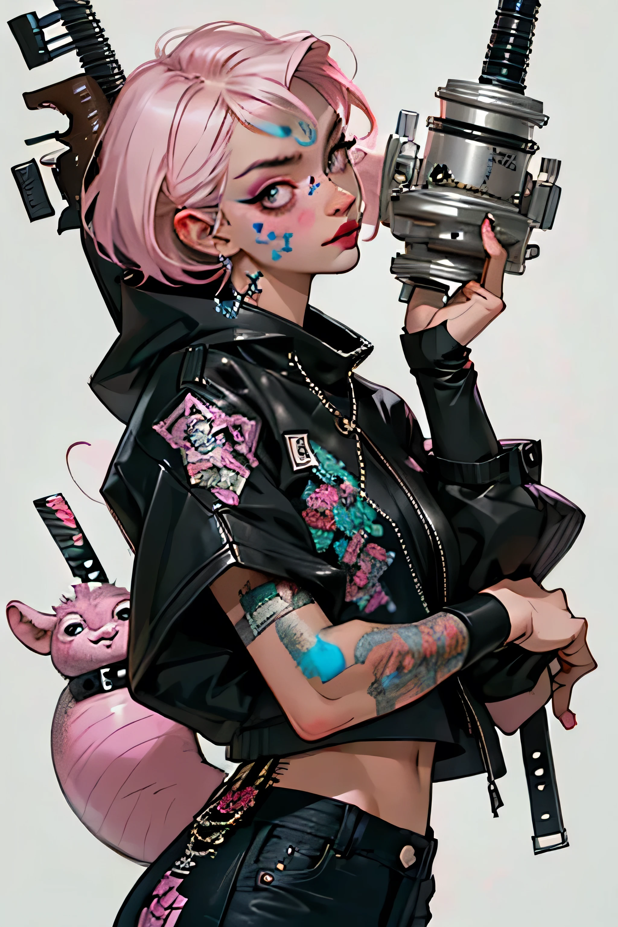 (masterpiece: 1.2, best quality), (real picture, intricate details), (1lady, solo, upper body, pink short hair) Clothing: sharp, stylish, cool, fashionable, non-standard, avant-garde, experimental Appearance: shaved head or bold hair color, spectacular makeup, unconventional fashion choices Behavior: rebellious, non-conformist, provocative Venue: Urban Art District, Underground Music Scene Hobbies: attending punk shows, creating art in mixed media, experimenting with different subcultures Values: individuality, authenticity, creative expression Sources of inspiration: punk rock, counterculture icons, avant-garde art movements Character traits: bold, daring, non-standard.