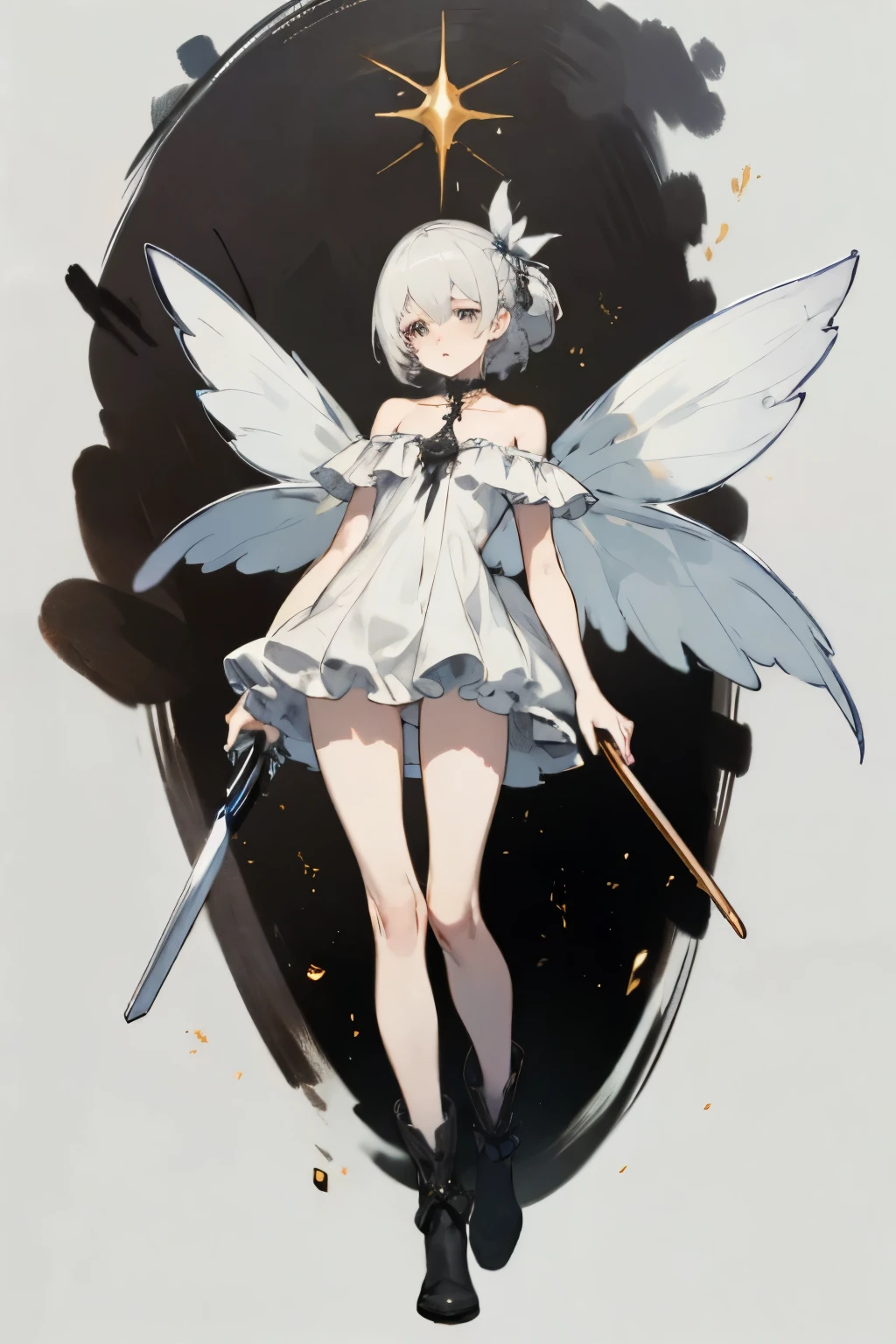  ((best quality)), ((masterpiece)), (detailed), 1girl, off-shoulder, Character design, female, dynamic poses, long white grey hair, grey white eyes, very skinny, detailed, best quality, no accesoires around the neck, no shoes, prominent collarbones, skinny arms, flat stomach, visible hip bones, full body, blank white background, plain background, white background, red and white clothing, Bloodborne inspired, occult aesthetic, occult, detailed and intricate steampunk and detailed gothic, NSFW, Very dramatic and cinematic lighting, cosmic horror, grim-dark, side-lighting, perfect face, NSFW, Fluttering lace flared long knee length dress with frilly petticoats, knee length dress, pleated petticoats, petticoats gothic, complex lace boots, side-lighting, gothic lolita aesthetic, wielding a mighty sword with mechanical components, mandalas, small breasts, a fairy, various different types of insect wings, NSFW, full body, whole body, body, plain background, white background, blank background, no background, white background NSFW, chains, full body, whole body, head-to-toe NSFW 