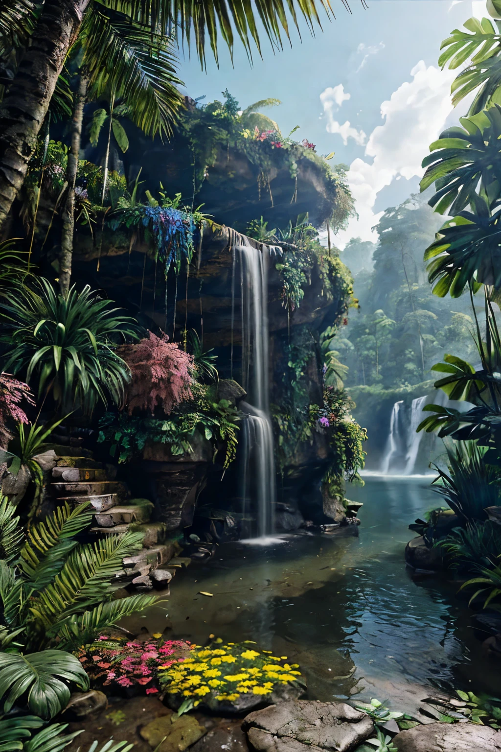 unreal engine 5 render, jungle, river, flowers, extremely detailed, colorful
