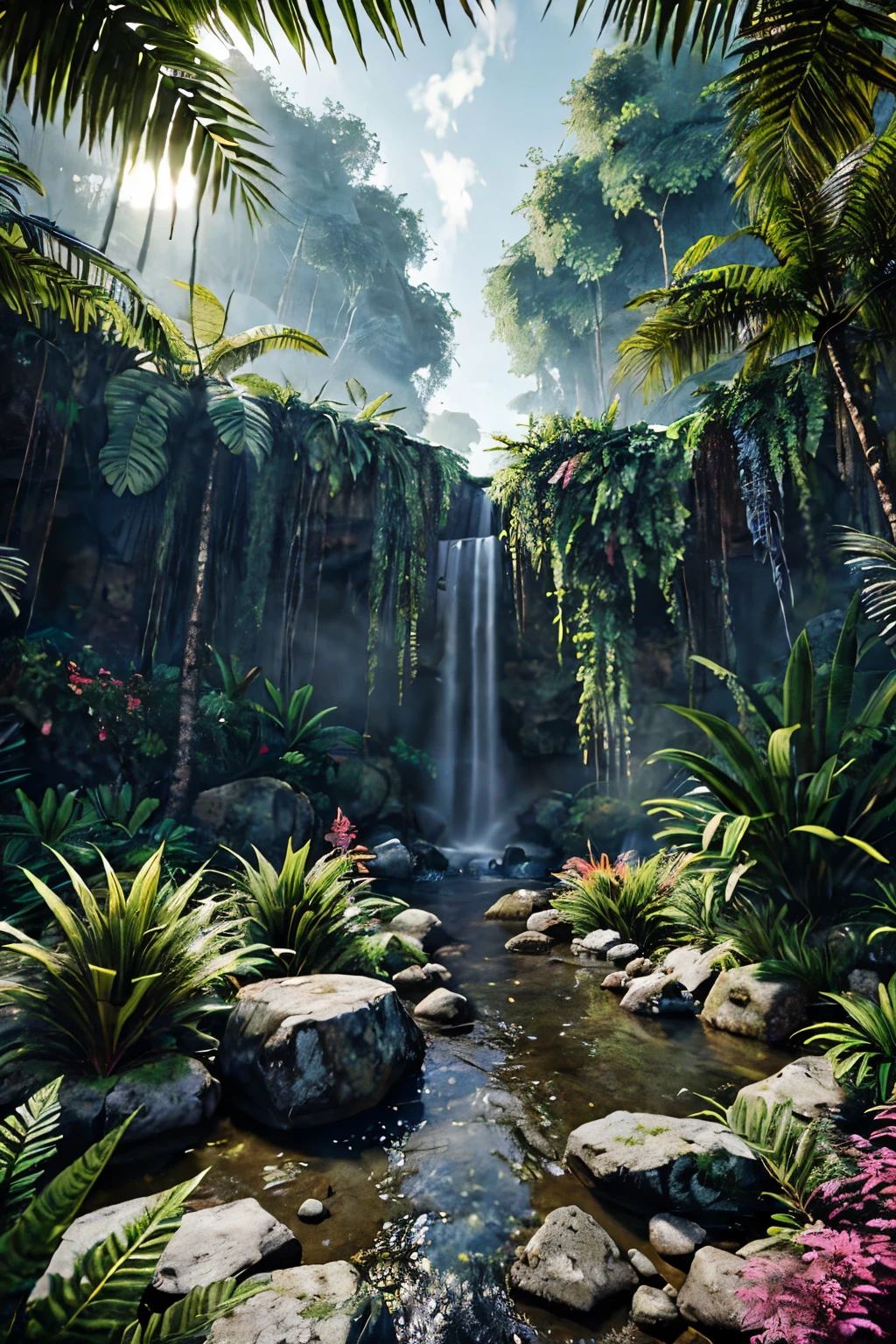 unreal engine 5 render, jungle, river, flowers, extremely detailed, colorful