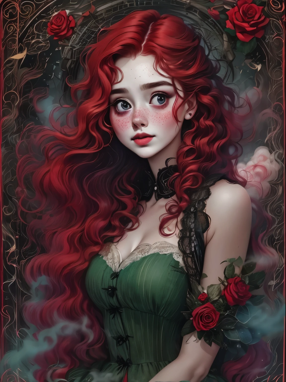 （best quality，masterpiece：1.2，details，4k），（girl, voluminous Red hair，big eyes，small freckles，have），Rose，Goethe，Vaporwave，Transpiration，gas，Steampunk Gothic Victorian style, dark, psychology, Surrealism, sublimation, subconscious, mood, enthusiastic, Red，Black，blue, Rose背景，green smoke from hair, blue烟雾背景, Soft Red and blue light,Wire