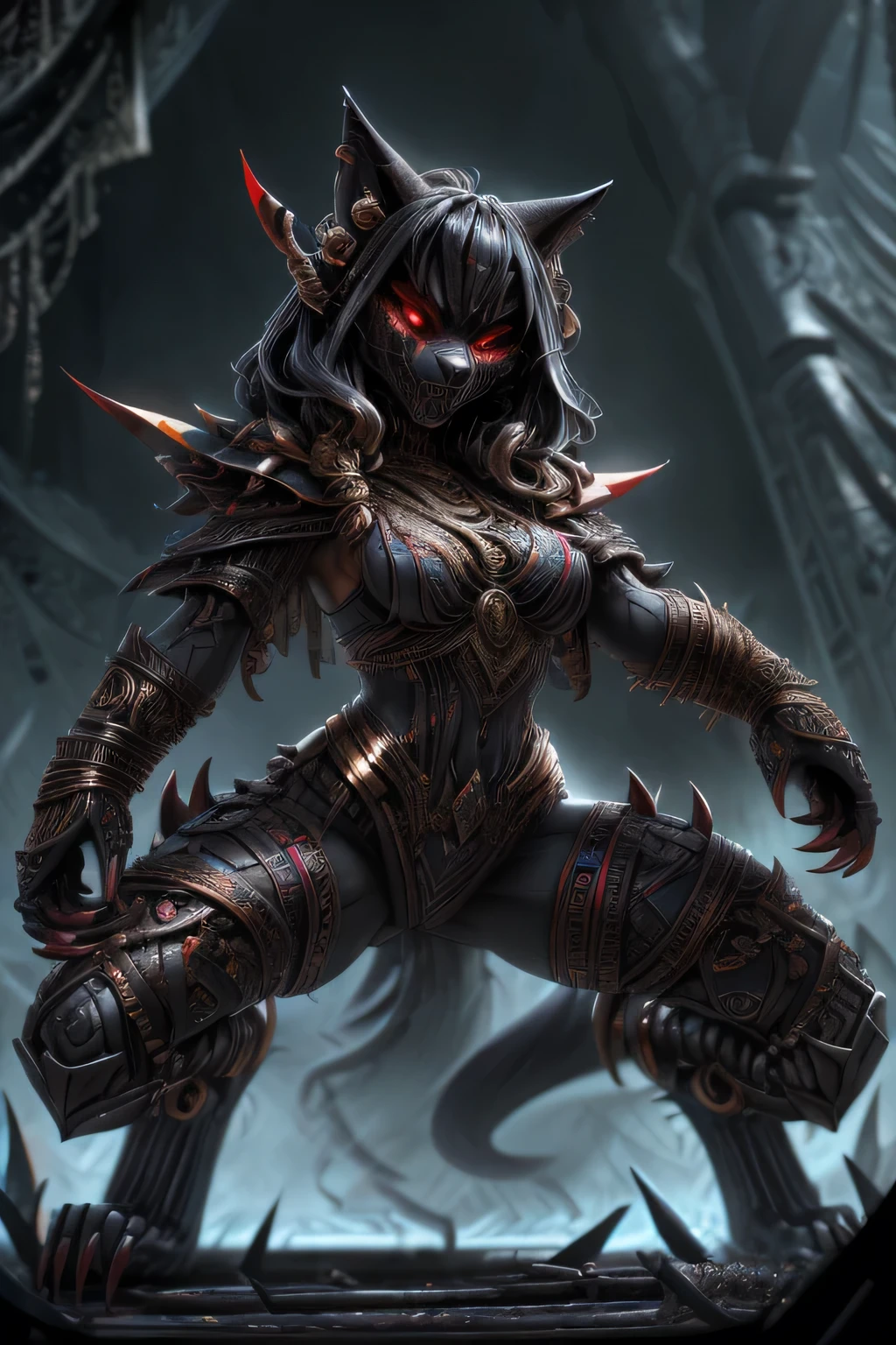 girl, werewolf monster girl, evil look, sexi, claws, demonic armor, facepaint, bodypaint, red glowing eyes, combat stance, dark aura, menacing, psychotic, highly detailed, vibrant appearance, creative behavior, imaginative, sensual, spontaneous, highest quality, skin texture, intricate details, (cinematic lighting), RAW photo, 8k, masterpiece,best quality,ultra-detailed,very detailed illustrations,extremely detailed,intricate details,highres,super complex details,extremely detailed 8k cg wallpaper,