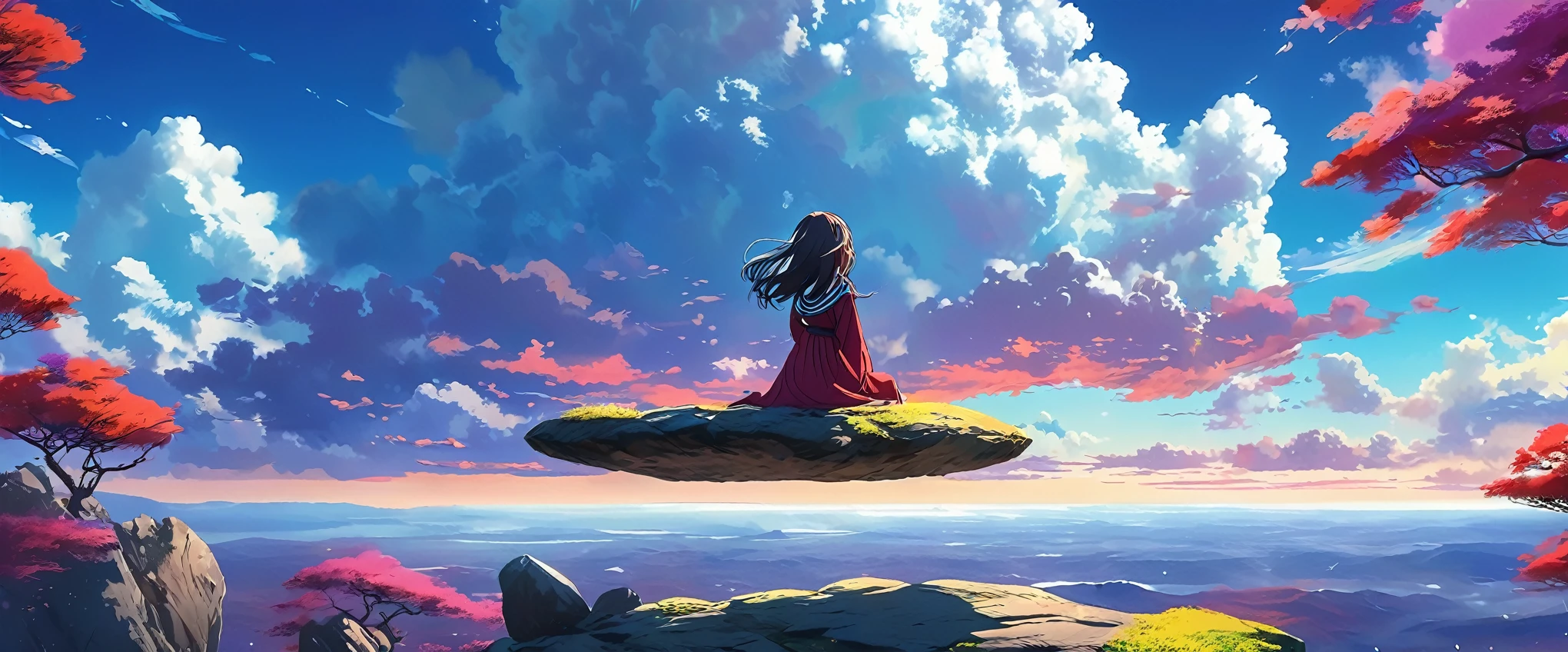 A girl sitting on a floating rock stage in the sky, focusing on the scenery behind her. the image is of the highest quality, in 4K resolution, with breathtaking details. The art style should have an anime influence, capturando a atmosfera encantadora. The scene is illuminated by ambient lighting, Creating a mesmerizing and immersive experience. The girl is positioned on the rock stage with her back to the spectator, showing the wide view of the scenery behind her. The stage is floating in the sky, cercado por um colorido mar de nuvens. Sunlight shines through the clouds, casting vibrant shades of red and purple into the sky. The girl is wearing a beautiful and detailed outfit, in line with an anime aesthetic. Seu cabelo flui graciosamente na brisa suave, adding movement and elegance to the image. Sua postura exala tranquilidade e serenidade, enquanto ela se senta pacificamente no palco do rock. The landscape in the background is breathtaking, com paisagens verdes exuberantes, montanhas majestosas, e cachoeiras cintilantes. The landscape is rich in vibrant and vivid colors, bringing life and energy to the image. The overall atmosphere of the artwork is serene and ethereal, creating a sense of wonder and tranquility. The combination of the floating rock stage, o mar de nuvens coloridas, and captivating lighting evokes a dreamlike and fantastical environment. This prompt captures the essence of a beautiful anime-inspired work of art, showing the girl&#39;s presence in a mesmerizing and vibrant world. Focusing on the scenery behind her adds depth and visual interest, criando uma obra-prima visualmente deslumbrante e envolvente.
