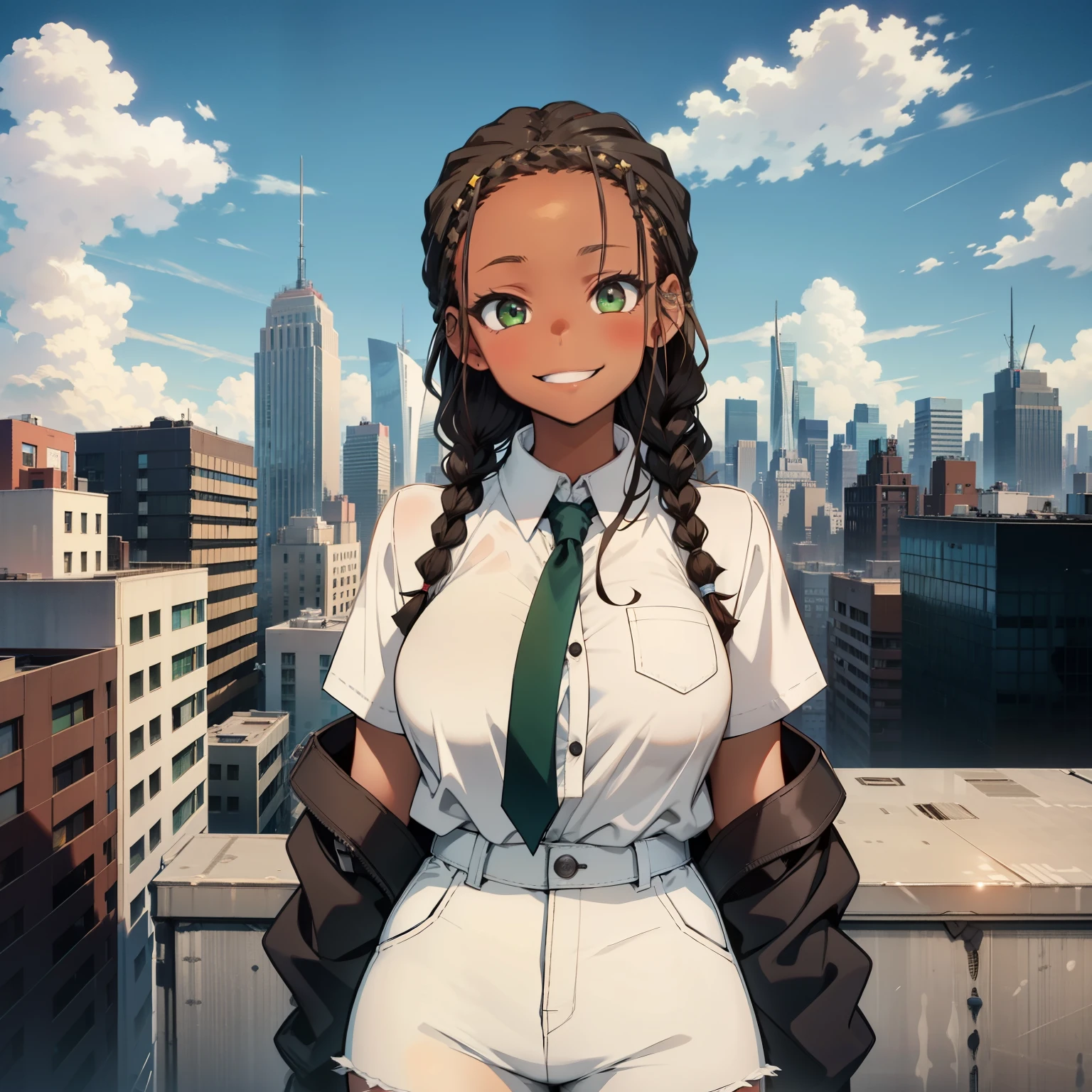 Girl with black skin, braided brown hair, Box braids, green eyes, smiling, white shorts, black strap blouse, on a rooftop, nyc skyline in the background, blue skies big clouds