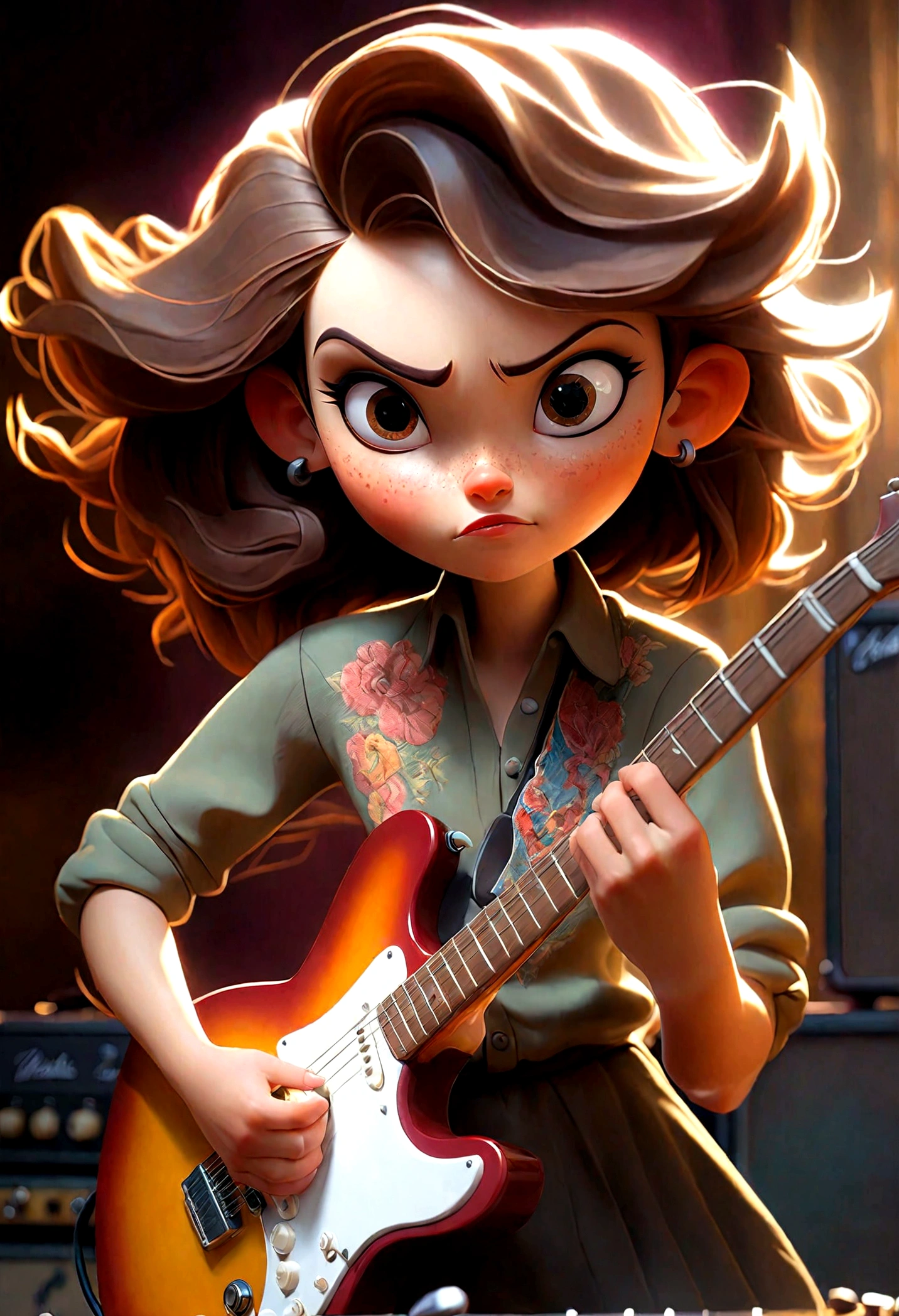 1girl, Guitarist, a guitarist playing an electric guitar, detailed facial features, intricate guitar details, dramatic lighting, moody atmosphere, cinematic composition, oil painting, vibrant colors, dramatic shadows, skilled musician, intense expression, dynamic pose, studio setting, professional quality, masterpiece, best quality, very aesthetic, absurdres