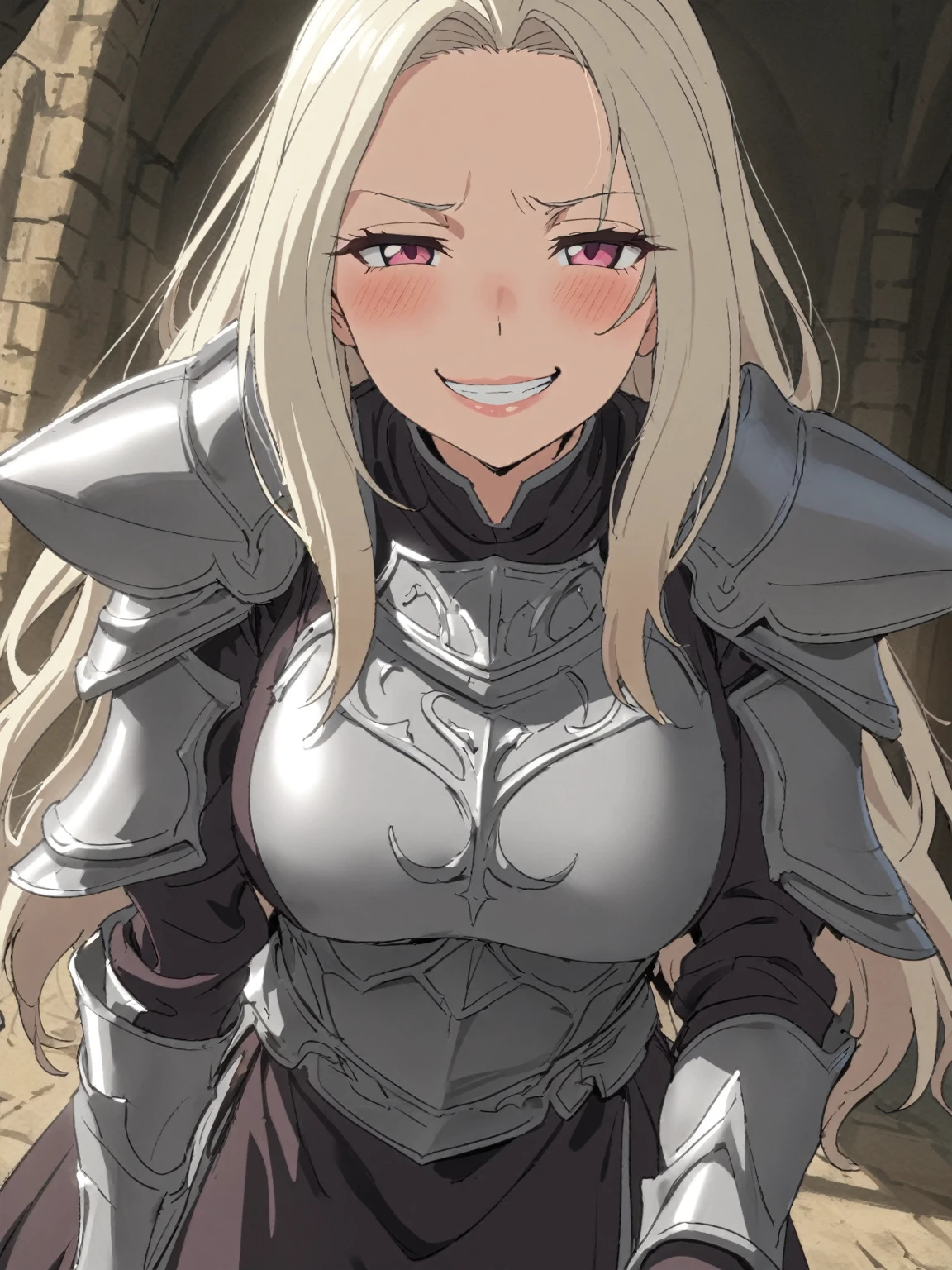 {{upper body, dutch angle}} {{Artist: sincos}}1girl, solo, bleached hair, open forehead, long hair, grin, pink eyes, large breasts, smug, black armored dress, mature female, silver armor, juliet sleeves, long sleeves, lips, shoulder armor, pov, medieval fantasy.