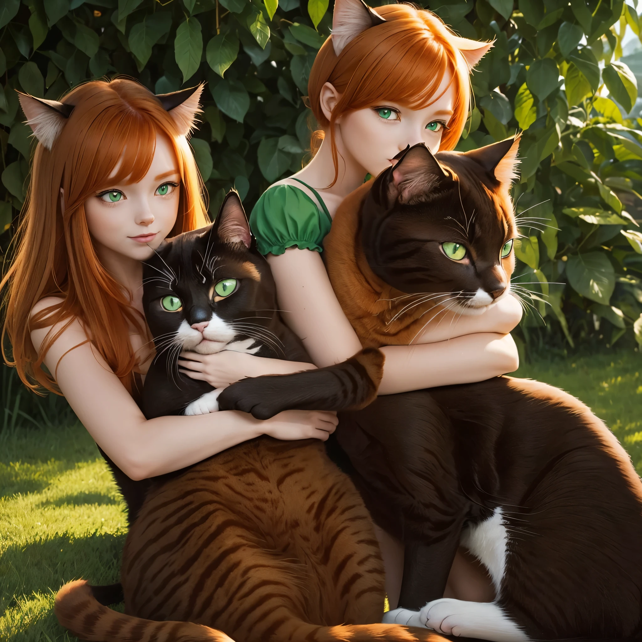 (2cats:1.3), (2animals:1.3), ((black brown eyed cat)), ((ginger green eyed cat)), (hugging:1.2), wonderful atmosphere, cute vibe, magic dust