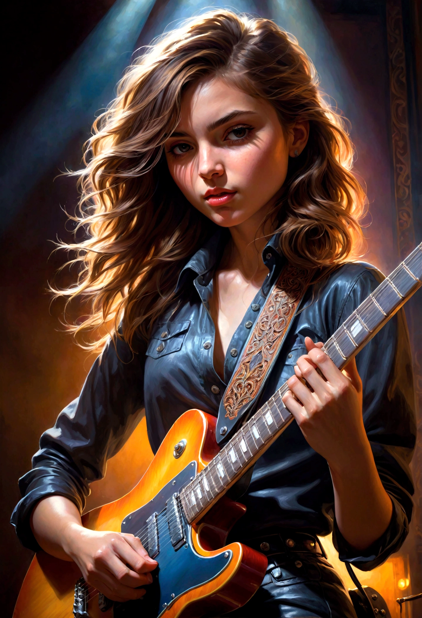 1girl, Guitarist, a guitarist playing an electric guitar, detailed facial features, intricate guitar details, dramatic lighting, moody atmosphere, cinematic composition, oil painting, vibrant colors, dramatic shadows, skilled musician, intense expression, dynamic pose, studio setting, professional quality, masterpiece, best quality, very aesthetic, absurdres