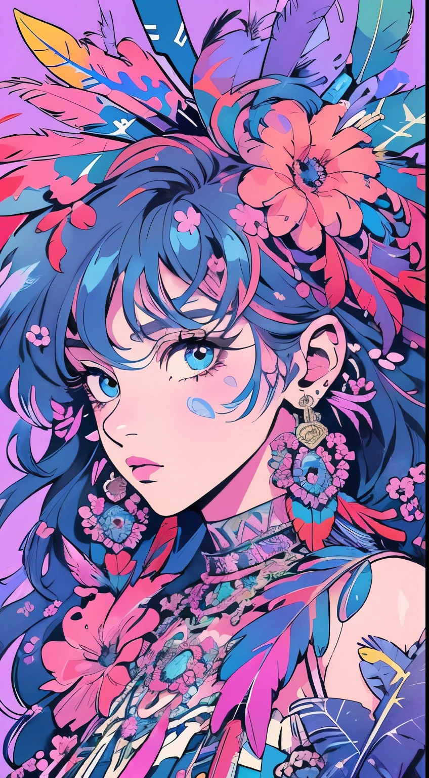 Anime Girl, the 90s(masterpiece, Top quality, best quality, Official Art, beautiful and aesthetic:1.2), (1 Girl:1.3), Very detailed,(Fractal Art:1.1),(rich and colorful:1.1)(Flowers:1.3),The most detailed,(Zentangle:1.2), whole body, (Blue Background:1.3), (shiny skin), (Many colors:1.4), ,(earrings), (feather:1.5),