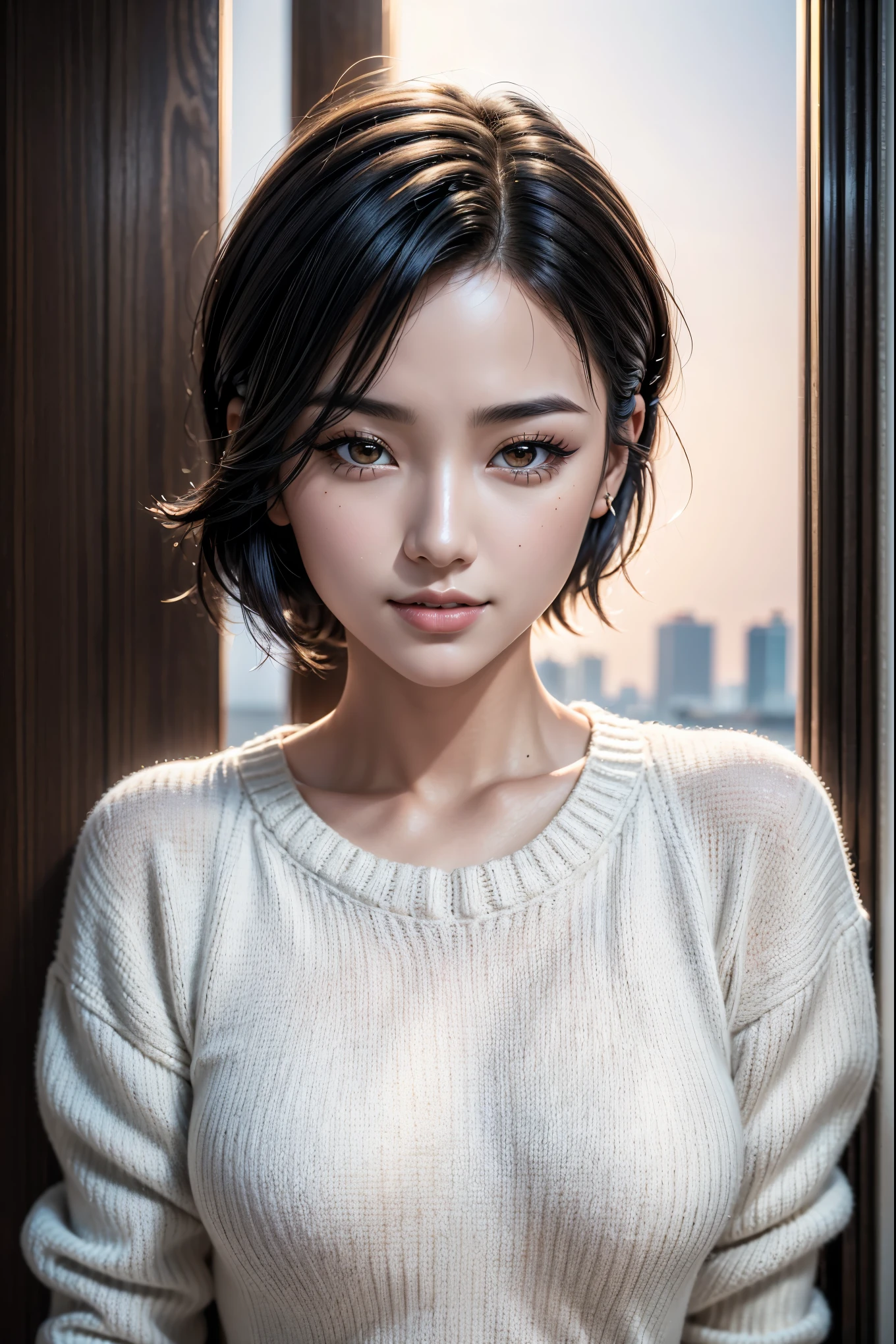 Best Quality, Ultra High Definition, (Photorealistic:1.4),Sunset Light, Ponytail, Korean Women, Detailed Photo, Smiling, Sexy, Black Shirt, Facing Camera, Close-up (Masterpiece: 1.3), (8K, Photorealistic, Best Quality: 1.4), (1girl), Beautiful Face, (Realistic Face), (Black Hair, Short Hair: 1.3), Beautiful Hairstyle, Realistic eyes, beautiful detail eyes, (realistic skin), beautiful skin, (sweater), absurd, attractive, ultra high resolution, ultra realistic, high definition, golden ratio