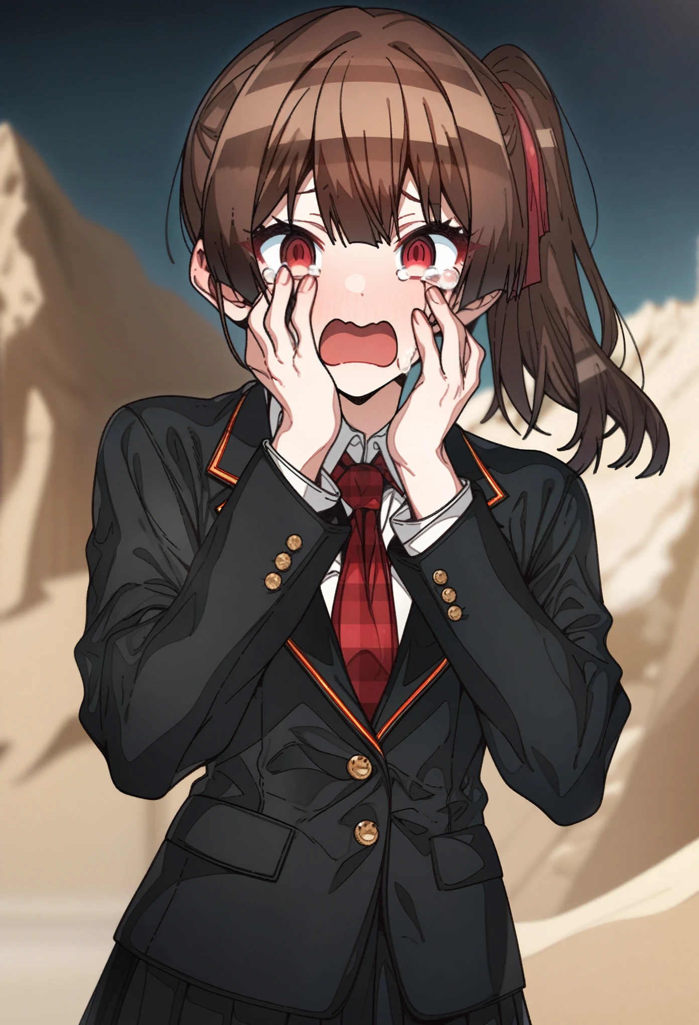 Houshou_marine with brown hair and hazel eyes, Artist, erere, Copyrights, idolmaster, idolmaster_shiny_colors, Character, General, 1girl, brown_hair, medium_breasts, breasts, long side_bangs, ponytail, detailed eyelashes, beautiful girl:1, hazel_eyes, ((detailed background)), school_uniform, black skirt, black blazer, black_sleeves, pleated skirt:1.2, blazer, red tie, medium shot photography:1.1, standing in middle:1.1, sand, sky:1.5, round_eyes, detailed, outdoors, looking_at_viewer, masterpiece, best_quality, great_quality, girl, solo, center_composition, centered character, cute, tears, crying, sad, upper_teeth_only, surprised, hands_on_own_face