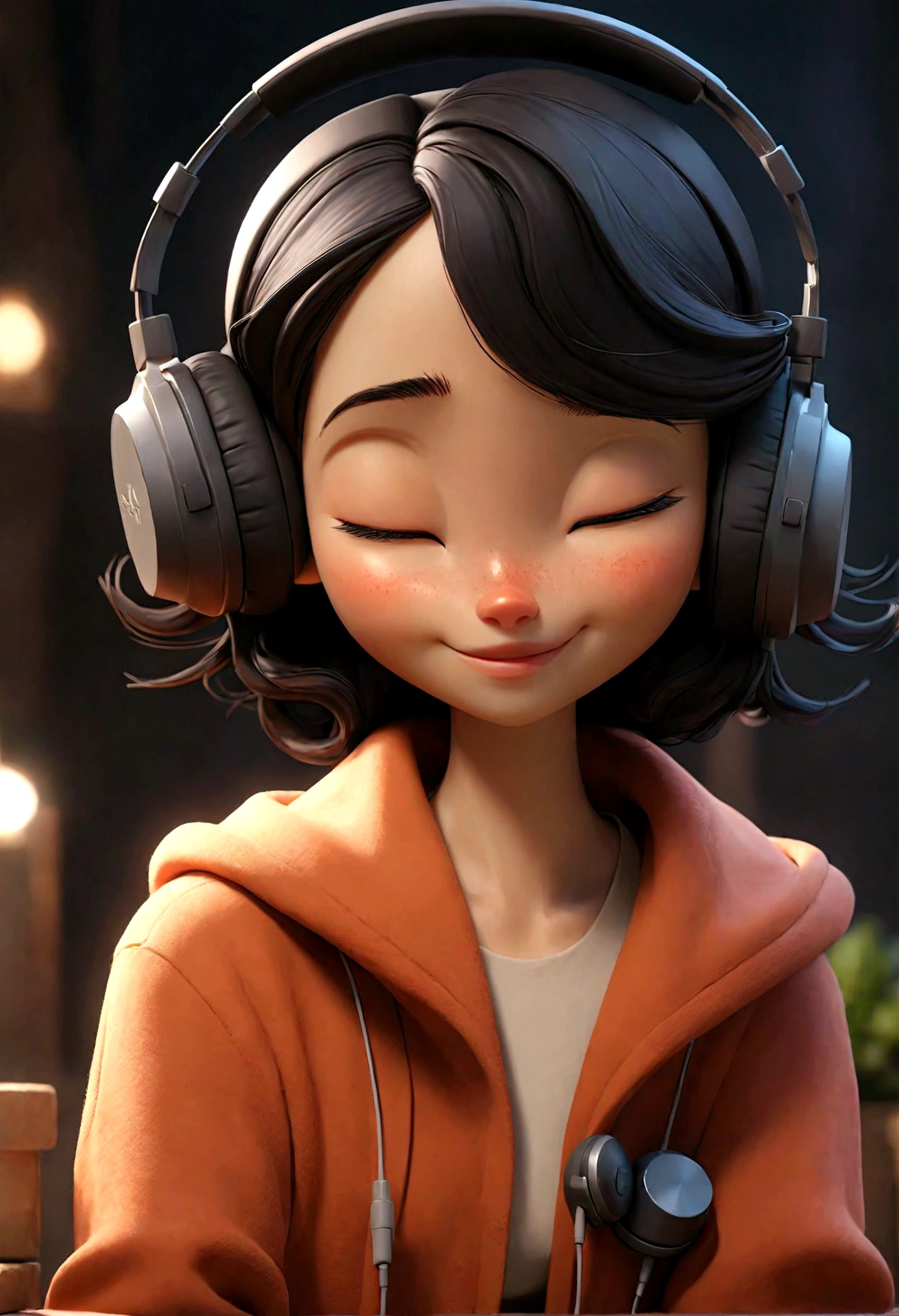 highest quality、masterpiece、night、Headphones、Listening to music、Eyes closed、smile、relax、Black Hair、Shortcuts、Cute、One Woman, full budy