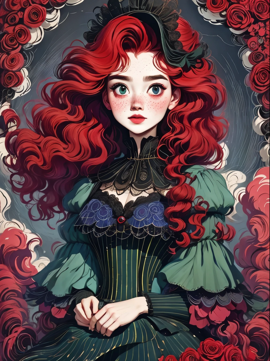 (best quality,masterpiece:1.2,details,4k),(girl, voluminous Red hair,big eyes,small freckles,have),Rose,Goethe,Vaporwave,Transpiration,gas,Steampunk Gothic Victorian style, dark, psychology, Surrealism, sublimation, subconscious, mood, enthusiastic, Red,Black,blue, Rose背景,green smoke from hair, blue烟雾背景, Soft Red and blue light,Wire