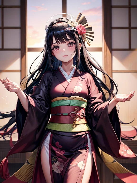 obra maestra, sexi (kimono rosa), cara seductora, good lighting, escote, detalles finos, obra maestra, ojos brillantes, 1girl, cabello negro, mordaza, bamboo, Nezuko Kamado, fondo de glicinias, obra maestra, mejor calidad, POV, cuerpo entero, caderas anchas,