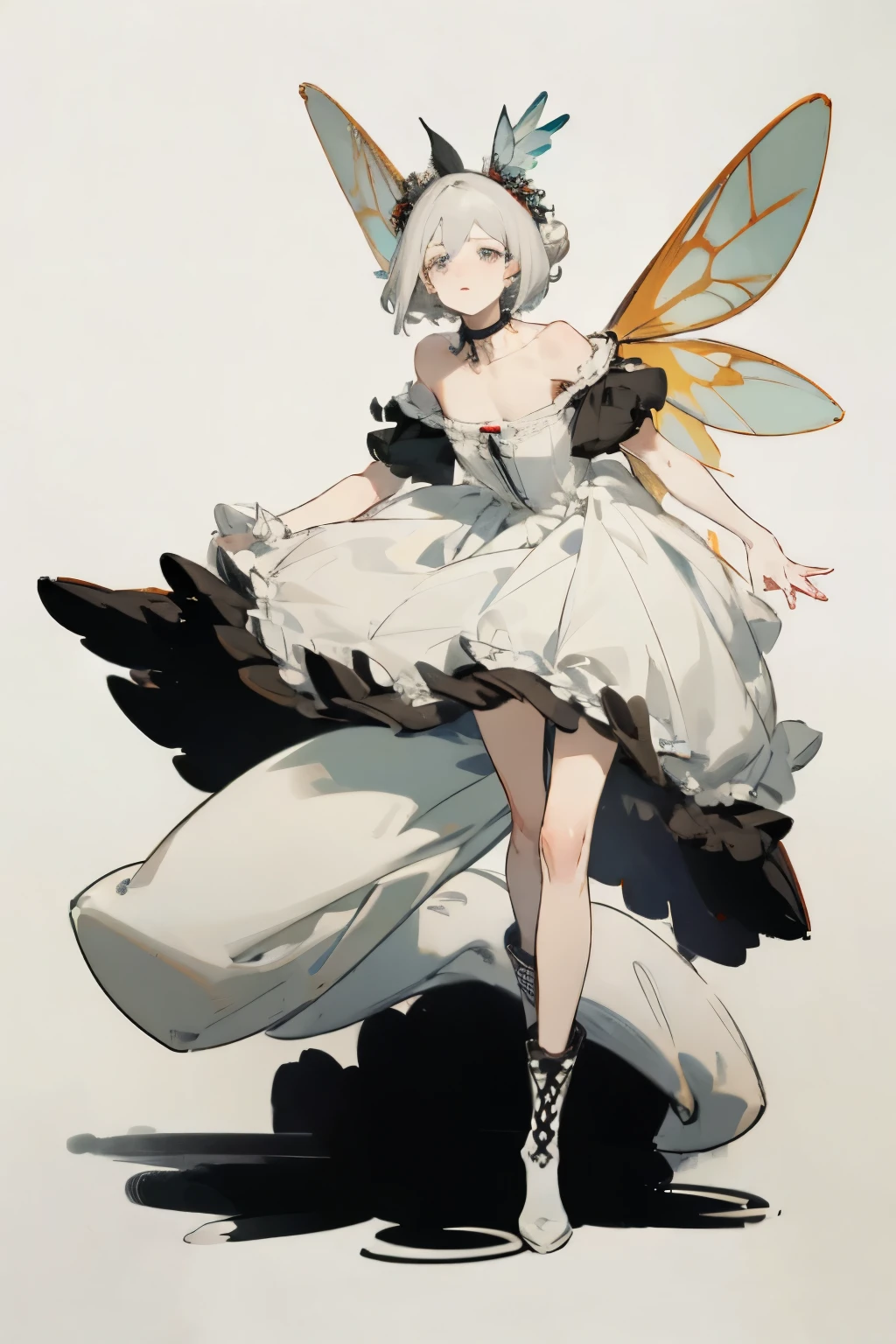 ((best quality)), ((masterpiece)), (detailed), 1girl, off-shoulder, Character design, female, dynamic poses, long white grey hair, grey white eyes, very skinny, detailed, best quality, no accesoires around the neck, no shoes, prominent collarbones, skinny arms, flat stomach, visible hip bones, full body, blank white background, plain background, white background, red and white clothing, Bloodborne inspired, occult aesthetic, occult, detailed and intricate steampunk and detailed gothic, NSFW, Very dramatic and cinematic lighting, cosmic horror, grim-dark, side-lighting, perfect face, NSFW, Fluttering lace flared long knee length dress with frilly petticoats, knee length dress, pleated petticoats, petticoats gothic, complex lace boots, side-lighting, gothic lolita aesthetic, wielding a mighty sword with mechanical components, mandalas, small breasts, a fairy, various different types of insect wings, NSFW, full body, whole body, body, plain background, white background, blank background, no background, white background NSFW, chains, full body, whole body, head-to-toe NSFW