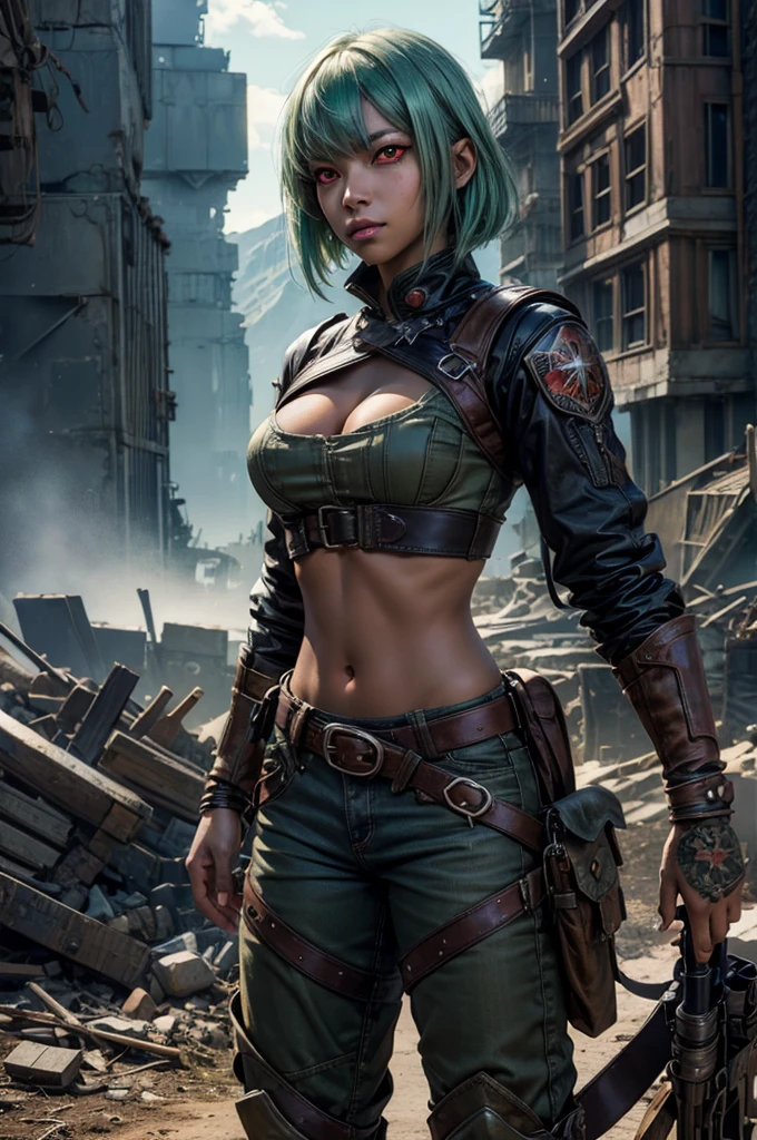 emeraldsustrai, emerald sustrai, short hair, (red eyes:1.5), green hair, dark skin, dark-skinned female, BREAK navel, cleavage, midriff, belt, cleavage cutout, chaps, BREAK squatting in city ruins on hill, in valley, BREAK mountains in background, waterfall, crowd, (crowd in military dress), post-apocalypse, dystopian future, (volumetric lighting), intricate details, tonemapping, sharp focus, hyper detailed, (cowboy shot:1.5), BREAK (masterpiece:1.2), best quality, high resolution, unity 8k wallpaper, (illustration:0.8), (beautiful detailed eyes:1.6), extremely detailed face, perfect lighting, extremely detailed CG, (perfect hands, perfect anatomy),