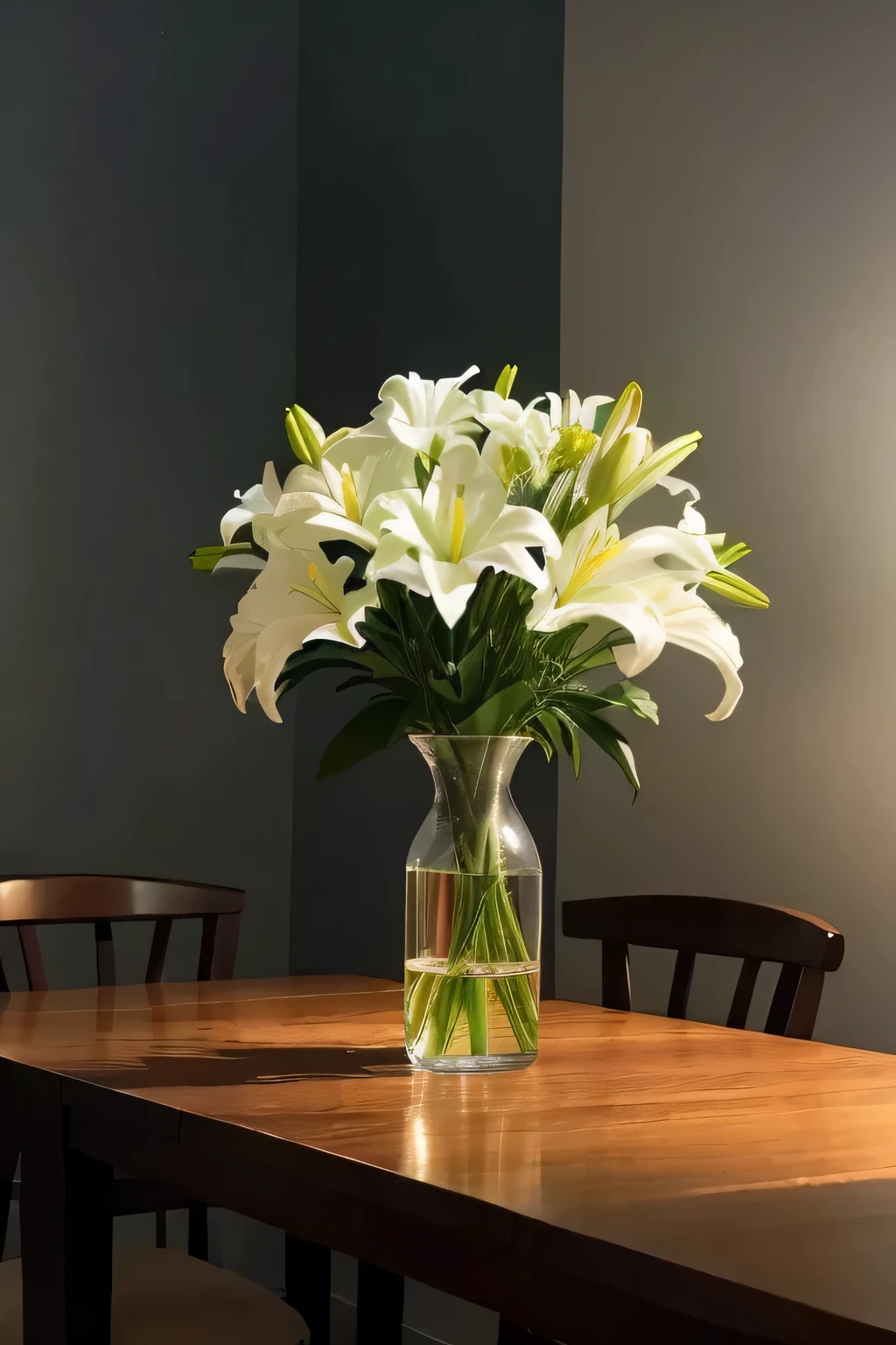 White lilies and white peonies, a beautiful medium bouquet without packaging stands on the kitchen table, in a transparent vase, realistic, beautiful bouquet, TV background and white wall, evening, dark. Side view of the photo, average distance. An atmospheric evening apartment, a wooden table, a white wooden floor is visible, a distant view from behind the wall of a table with a vase and flowers. Dark atmosphere, dark lighting, cozy evening. Dark lighting, Yellow light, Dark tones, Light detailing, Evening lighting