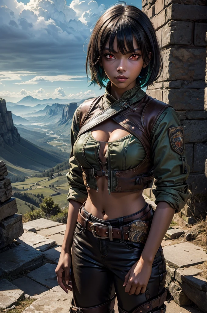 emeraldsustrai, emerald sustrai, short hair, (red eyes:1.5), green hair, dark skin, dark-skinned female, BREAK navel, cleavage, midriff, belt, cleavage cutout, chaps,  BREAK sitting in city ruins on hill, in valley, BREAK mountains in background, waterfall, crowd, (crowd in military dress), post-apocalypse, dystopian future, (volumetric lighting),  intricate details, tonemapping, sharp focus, hyper detailed, (cowboy shot:1.5), BREAK (masterpiece:1.2), best quality, high resolution, unity 8k wallpaper, (illustration:0.8), (beautiful detailed eyes:1.6), extremely detailed face, perfect lighting, extremely detailed CG, (perfect hands, perfect anatomy), 