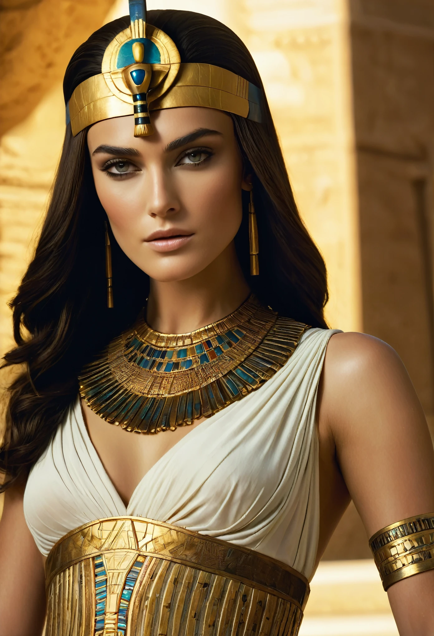 Gorgeous cleopatra, insane details, thick attractive figure, bulky figure, egyptian princess, cinematic goddess close shot, cleopatra, extremely beautiful lady, cinematic goddess body shot, cleopatra portrait, goddess, stunning beauty, extremely high detail, egyptian, cleopatra in her palace, cinematic goddess shot, egyptian style, extremely detailed goddess shot, beautiful goddess, cinematic portrait, professional cinematography, As an Egyptian, Keira Knightley Beautiful and stunning pharaoh Keira Knightley, portrait of Cleopatra, uhd, 8k, 32k, detailed, intricate, sharp Beauty, high definition, cinematic perspective, faultless image, background of ancient EgyptA close-up of a woman wearing a gold dress and an Egyptian mask, a cinematic portrait, expert cinematography, crazy details, an Egyptian princess, a close-up of a cinematic goddess, cleopatra, an incredibly beautiful lady, and a cinematic goddess body