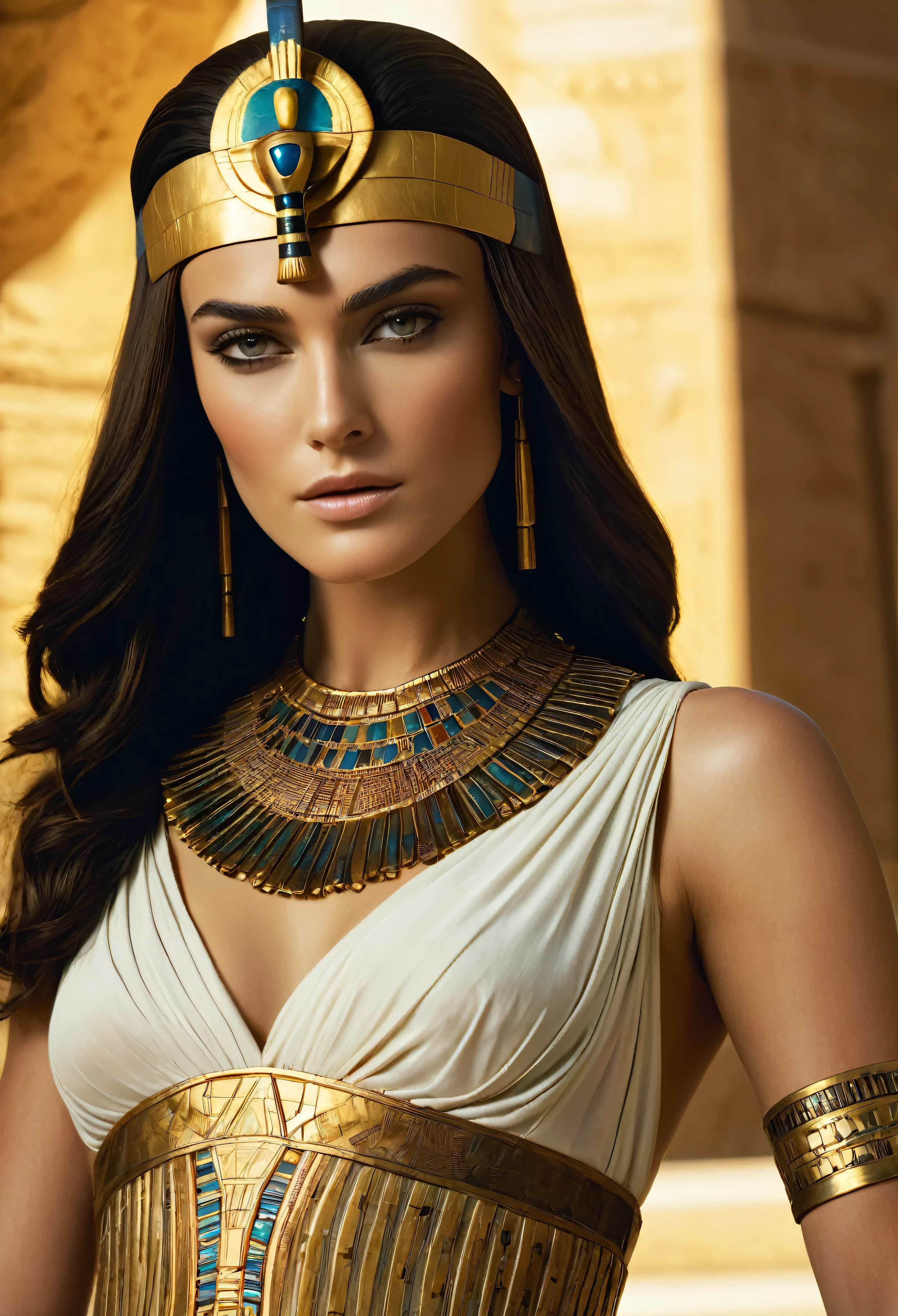 Gorgeous cleopatra, insane details, thick attractive figure, bulky figure, egyptian princess, cinematic goddess close shot, cleopatra, extremely beautiful lady, cinematic goddess body shot, cleopatra portrait, goddess, stunning beauty, extremely high detail, egyptian, cleopatra in her palace, cinematic goddess shot, egyptian style, extremely detailed goddess shot, beautiful goddess, cinematic portrait, professional cinematography, As an Egyptian, Keira Knightley Beautiful and stunning pharaoh Keira Knightley, portrait of Cleopatra, uhd, 8k, 32k, detailed, intricate, sharp Beauty, high definition, cinematic perspective, faultless image, background of ancient EgyptA close-up of a woman wearing a gold dress and an Egyptian mask, a cinematic portrait, expert cinematography, crazy details, an Egyptian princess, a close-up of a cinematic goddess, cleopatra, an incredibly beautiful lady, and a cinematic goddess body