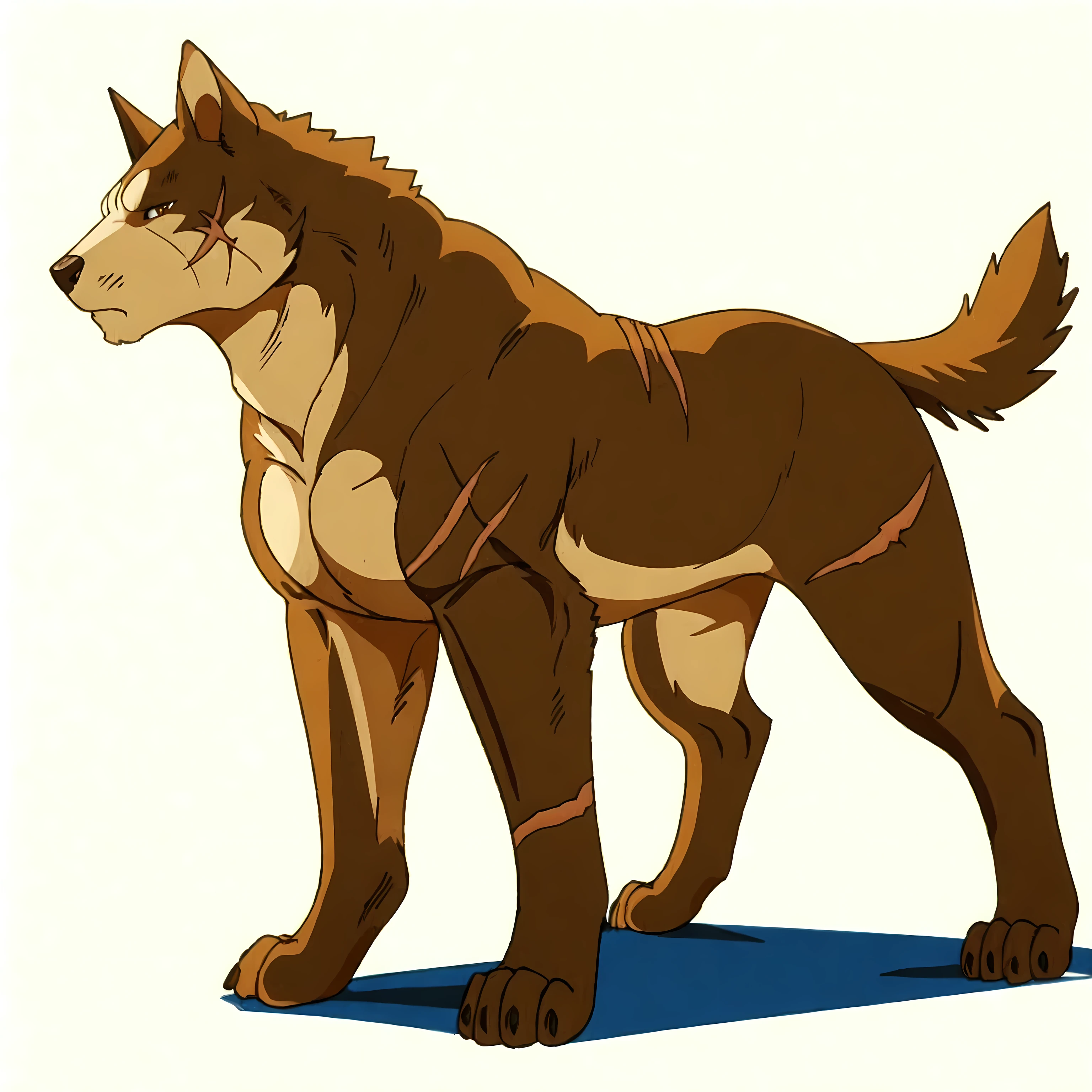 riki, brown fur, scars, male, feral:1.1, quadruped, full body, (muscular forelegs, muscular hindlegs, muscular, pectorals):1.4, paws, detailed, high quality, best resolution, day, solo, posing, (no background, white background):1.5, shadow on ground, tail, by negger, by rossciaco