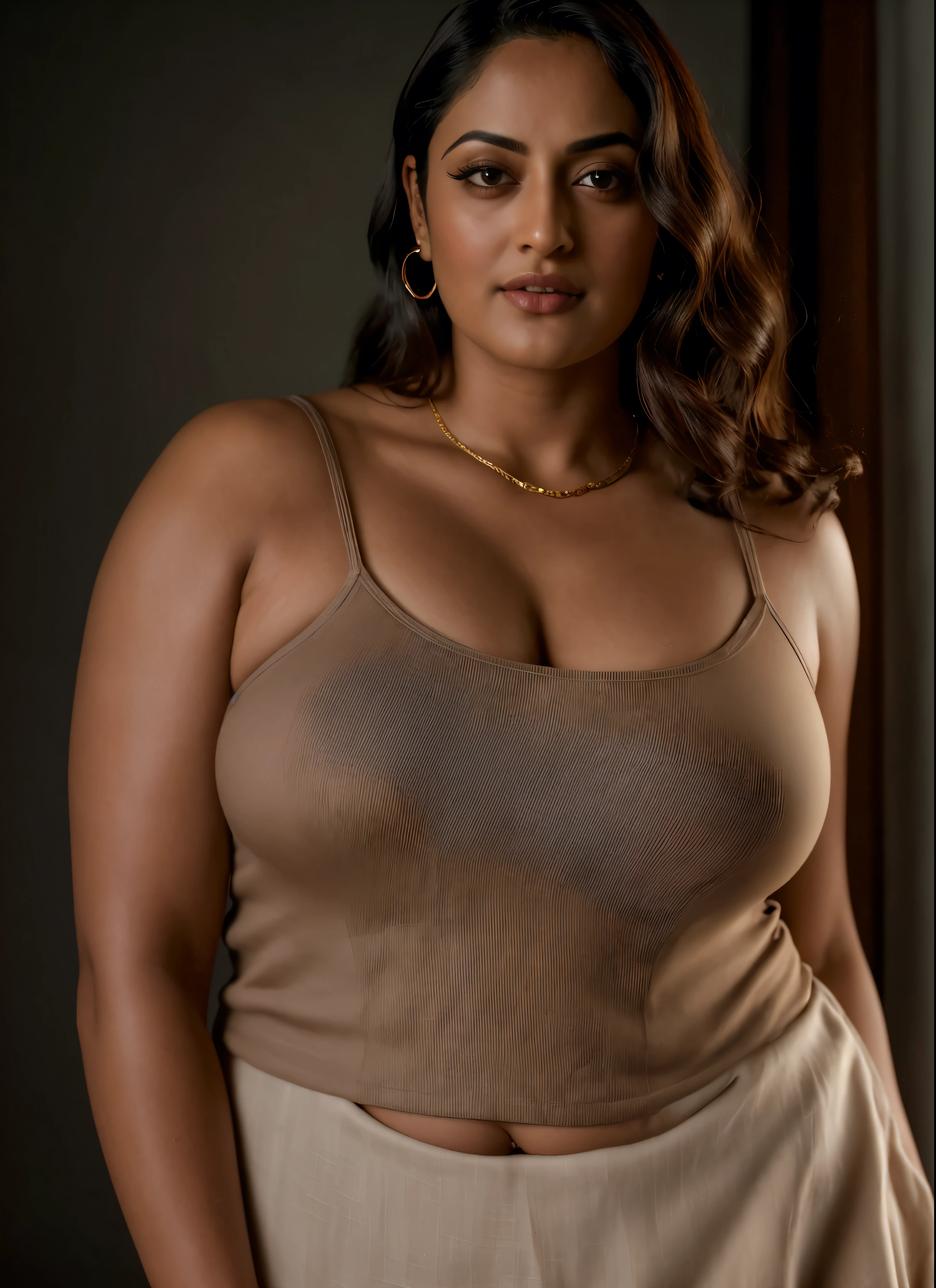 Looks like Sandeepa Dhar, a photo portrait of a beautiful girl 40 years old, mommy figure, fleshy figure, with curls, styled black hair, (face portrait:1.5), dramatic light, Rembrandt lighting scheme, bust shot, linen tank top , top quality editorial photograph, skin texture, skin pores, chocolate skin, high quality skin, top quality photography, professional photography, professional retouching, insane detailing, warm moody tones, modern clothes, highly detailed armpits,