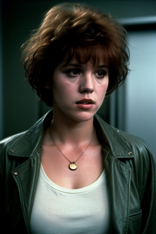 Still of eighteen-year-old Molly Ringwald, messy/shaggy razored/layered haircut with sideswept bangs, bags under eyes, exhausted eyes, undershadowed eyes, copper pocketwatch necklace, dark green jacket with sleeves pushed up, white shirt, jeans, extremely realistic, extremely detailed, extreme realism, extreme detail, extremely accurate resemblance, scene from 1986 psychological sci-fi horror film, directed by Michael Mann, cinematography by Dante Spinotti, muted color scheme, muted color palette, neo-noir, tech-noir, shot on 35mm film, aspect ratio 2:35:1, atmospheric, moody, Manhunter (1986) influenced, Thief (1981) influenced, bedhead, unkempt hair, insomniac, dark circles under eyes, brooding anti-heroine, cult classic, cult film, complex, elaborate, masterpiece, Drive (2011) influence