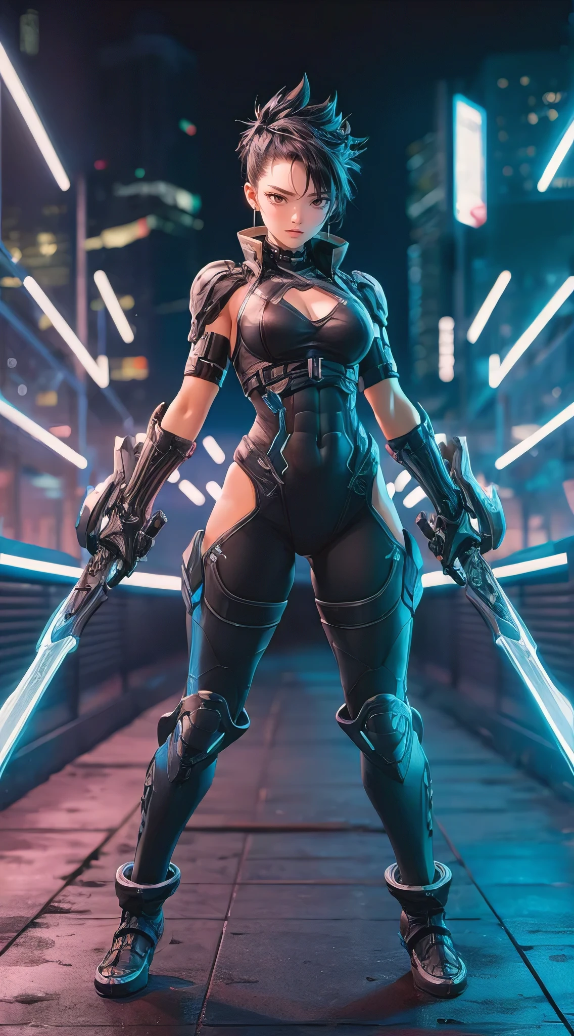 An enthralling, photorealistic anime-style illustration of a fierce female fighting game character. She has an athletic build and dons a high-tech, black armored bodysuit with striking neon blue accents. Her short, spiky hair adds to her edgy appearance. Wielding dual energy blades, she exudes confidence and determination. The urban arena behind her is illuminated by neon lights at night, creating a captivating and immersive atmosphere.