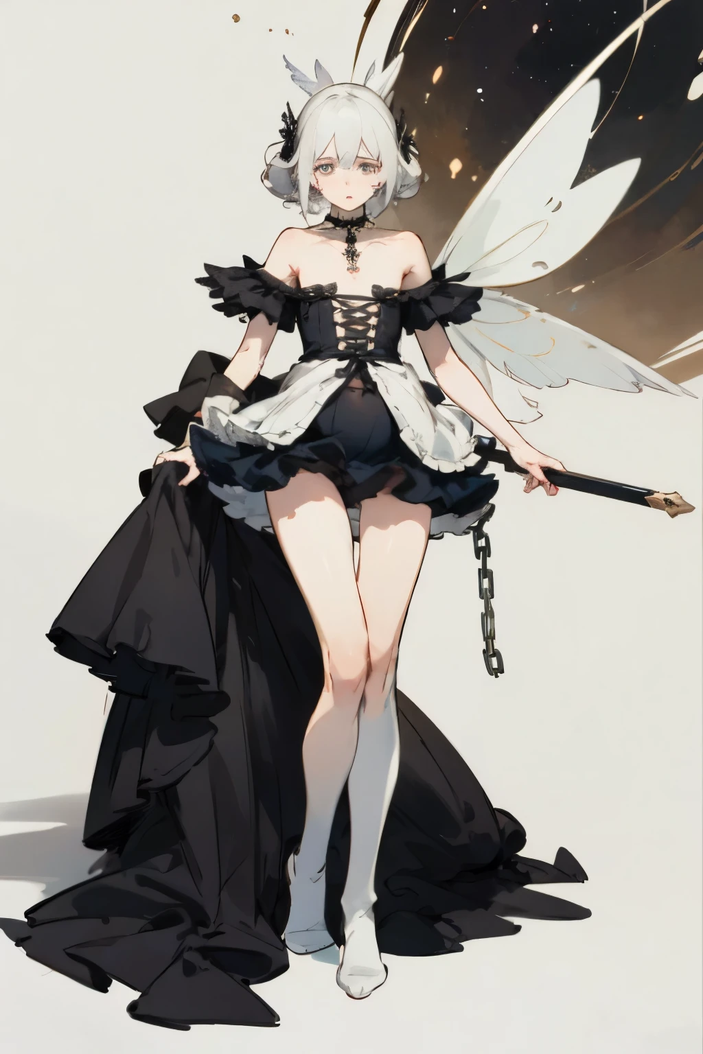  ((best quality)), ((masterpiece)), (detailed), 1girl, Character design, female, dynamic poses, long white grey hair, grey white eyes, very skinny, detailed, best quality, no accesoires around the neck, no shoes, prominent collarbones, skinny arms, flat stomach, visible hip bones, full body, blank white background, plain background, white background, red and white clothing, Bloodborne inspired, occult aesthetic, occult, detailed and intricate steampunk and detailed gothic, NSFW, Very dramatic and cinematic lighting, cosmic horror, grim-dark, side-lighting, perfect face, NSFW, Fluttering lace flared long knee length dress with frilly petticoats, knee length dress, pleated petticoats, petticoats gothic, complex lace boots, side-lighting, gothic aesthetic, wielding a mighty sword with mechanical components, mandalas, small breasts, a fairy, various different types of insect wings, beetle wings, NSFW, full body, whole body, body, plain background, white background, blank background, no background, white background NSFW, chains, full body, whole body, head-to-toe NSFW 