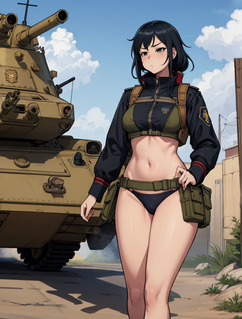 Chica anime con pechos grandes posando frente a un tanque., artwork in the style of Guweiz, Guweiz, [ arte digital 4k ]!!, finos detalles. chicas de primera linea, bikini + equipo militar hecho jirones, from chicas de primera linea, perfecta compostura militar, grueso, Guweiz on artstation pixiv, chica soldado, Guweiz masterpiece