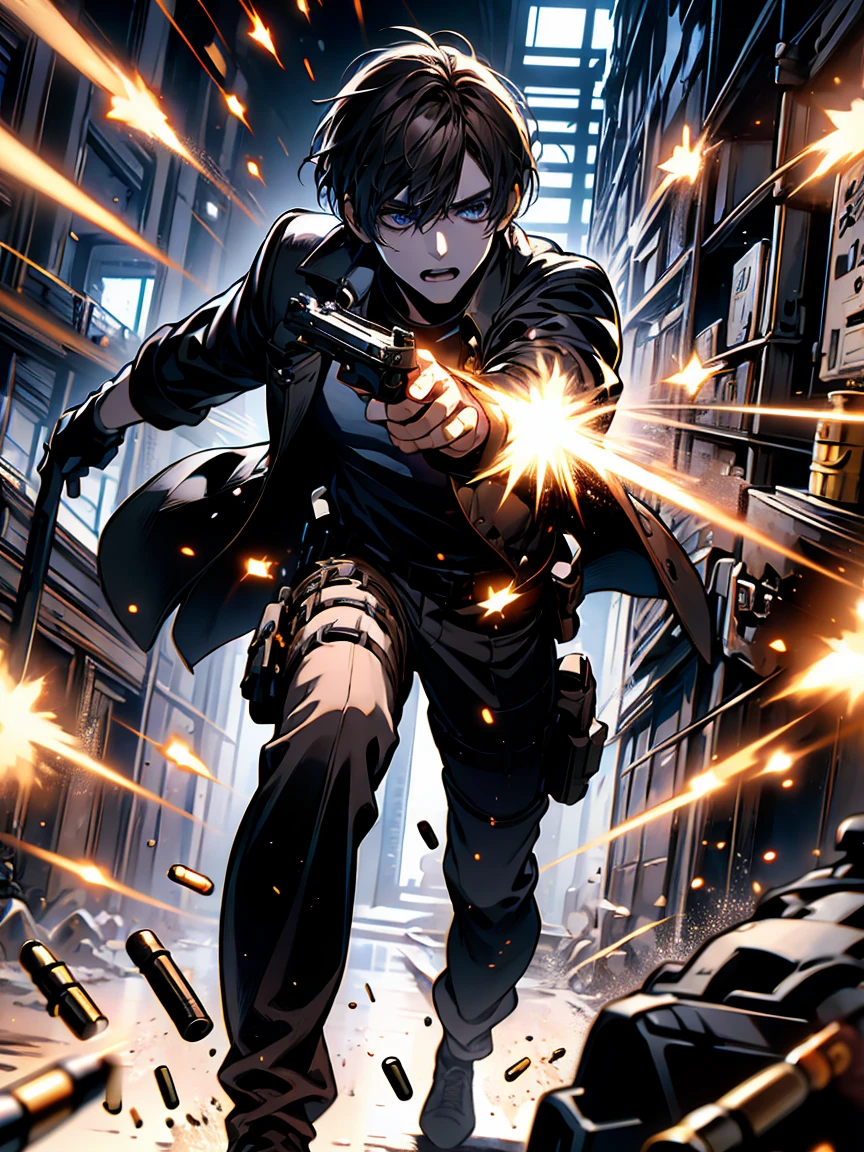 absurdres, highres, ultra detailed, HDR, masterpiece, Leon S Kennedy, blond-brown hair, expressive blue eyes, Resident Evil 6, 1man, handsome, brown coat, tight black shirt, toned chest,aiming gun,firing, bullet, gun,light particles, petals,