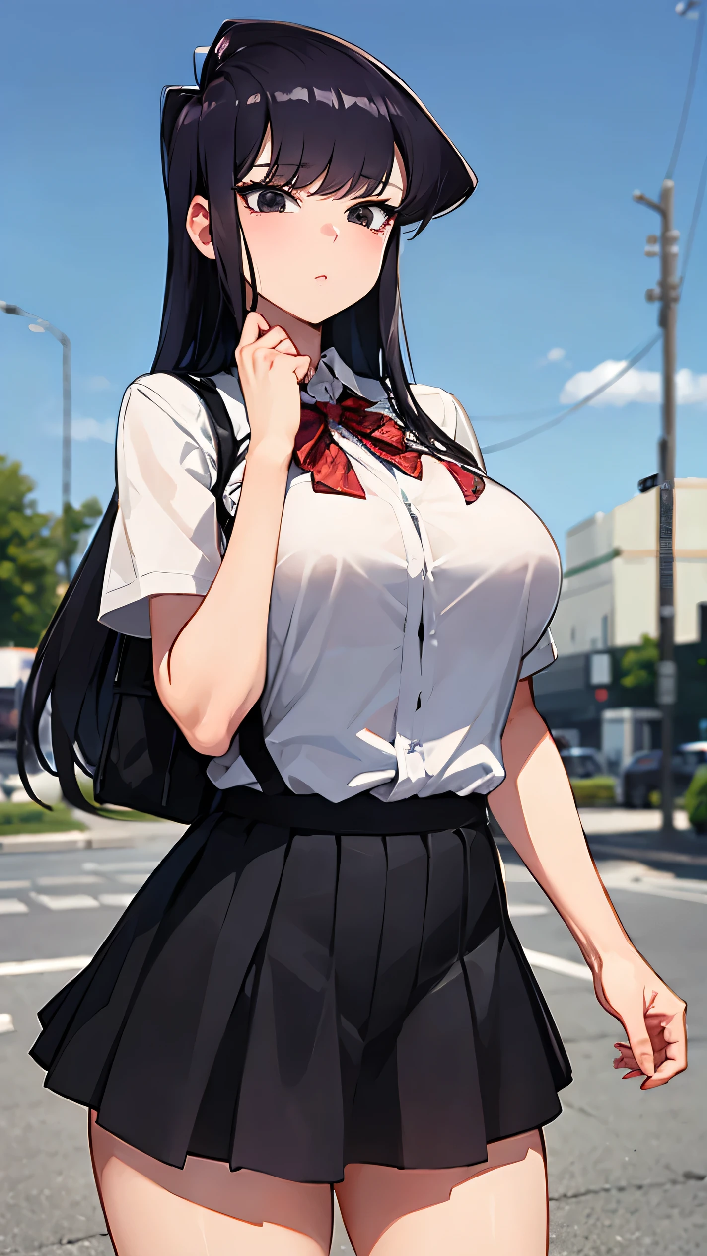 score_9, score_8_up, score_7_up, score_6_up, score_5_up, score_4_up, BREAK,source_anime, BREAK 1girl, Komi Shouko, shirt tucked in, tented shirt, white shirt, 1girl, long hair, black hair, pleated mini skirt, huge breasts, city, cowboy shot, looking at viewer, anime coloring, anime screencap, megami magazine