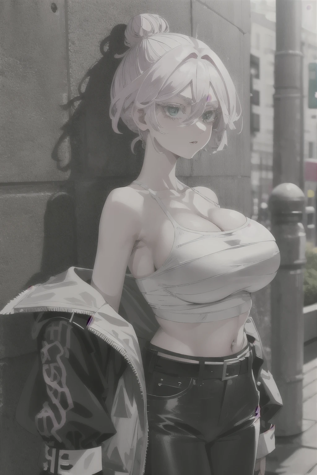 masterpiece, best quality, highres, 1girl, solo, short hair, white hair, hair bun, hair between eyes, colored eyelashes, aqua eyes, cleavage, sarashi, (big breasts: 1.7), bandages, black jacket, open clothes, long sleeves, midriff, belt, black pants, standing, (shows armpit: 1.4), cowboy shot, outdoors, street, night