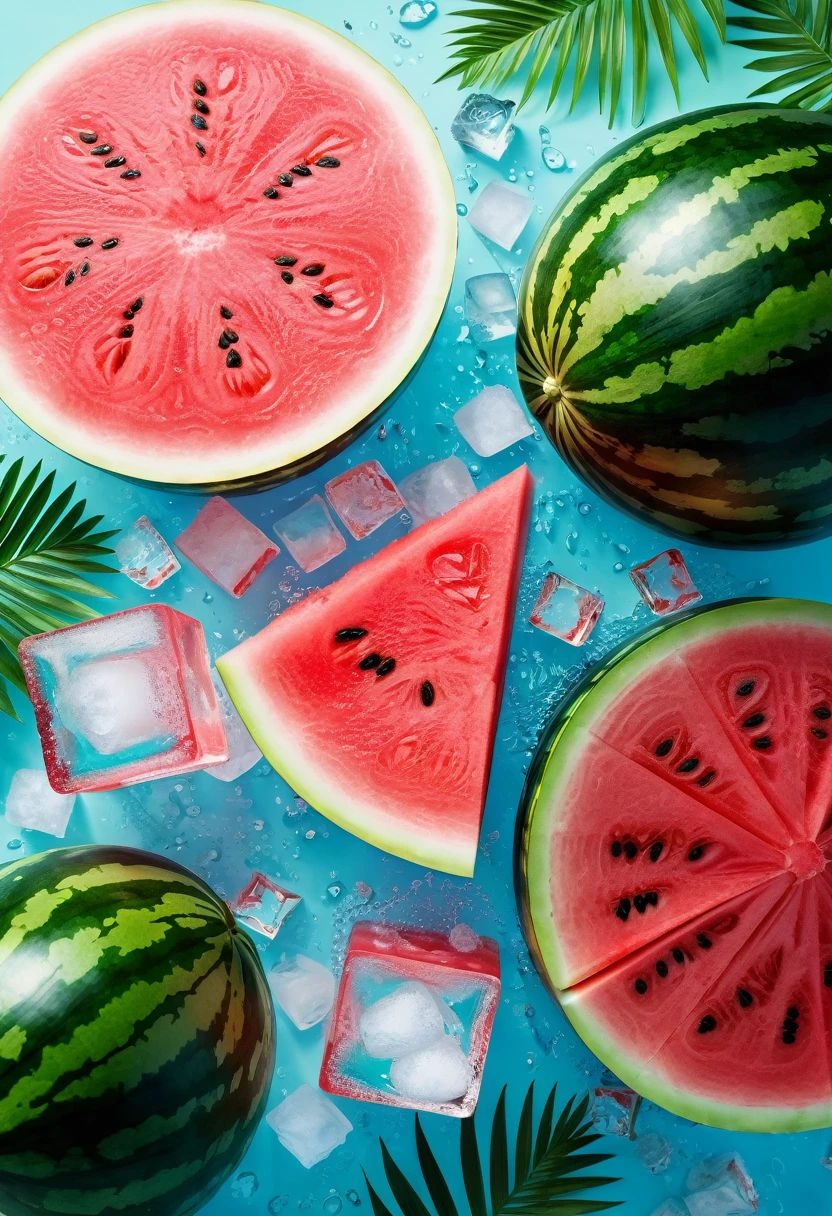 Wallpapers, poster, Drinks, Ice Cubes, Watermelon, Tropical Plants, Hot Weather, HD Detail, Moist Watermark, Ultra Detail, Movie, Hyper Realism, Soft Light, Deep Focus Bokeh, Ray Tracing, Diffuse (Ultrafine Glass Reflection) and surrealism --niji 5