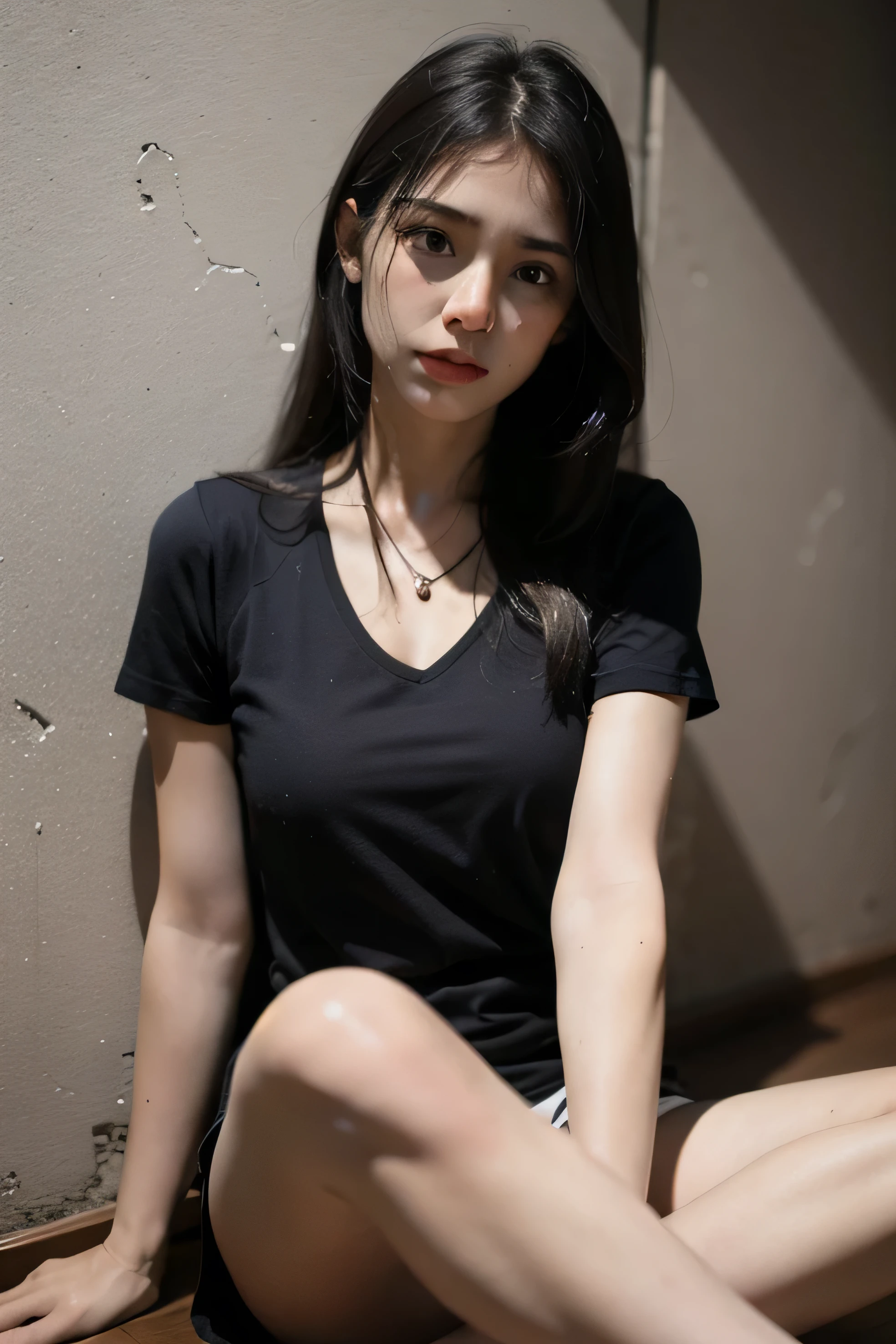 Mujer cansada y triste sentada sola en el suelo
