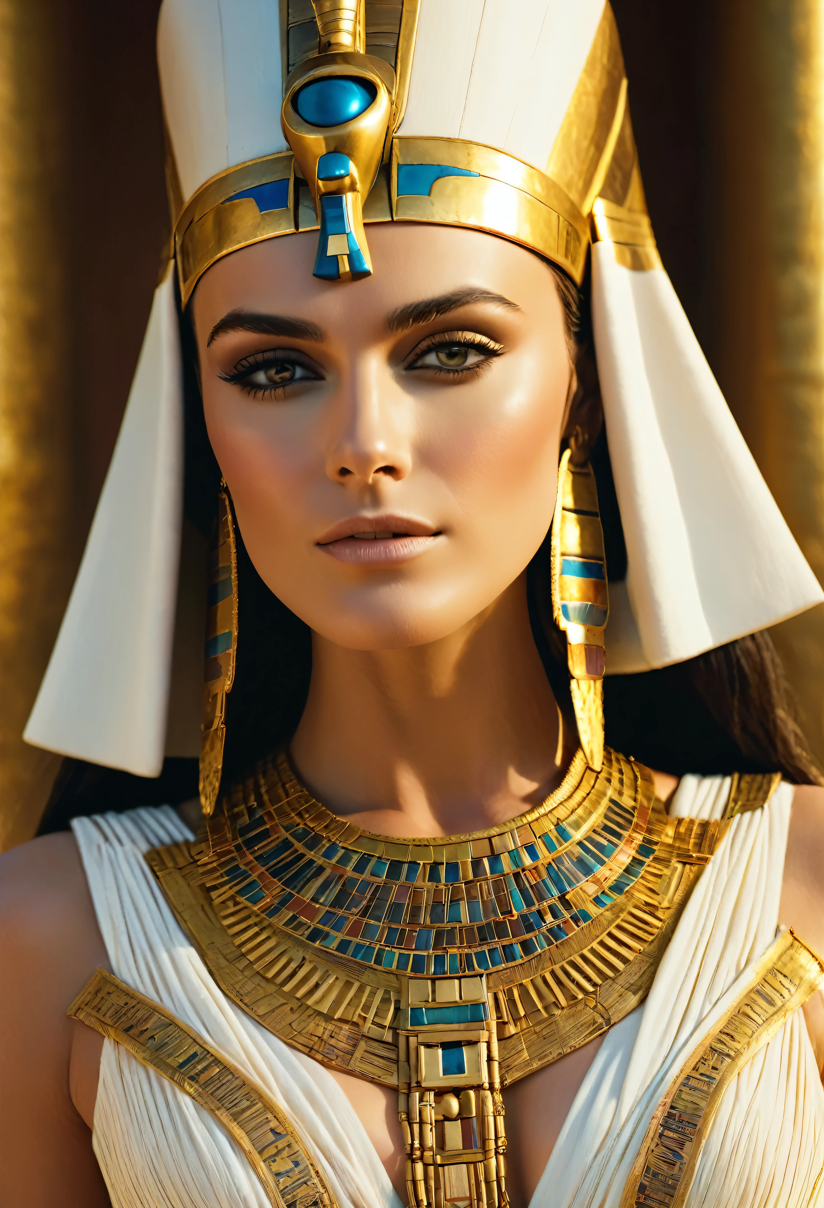 Gorgeous cleopatra, insane details, thick attractive figure, bulky figure, egyptian princess, cinematic goddess close shot, cleopatra, extremely beautiful lady, cinematic goddess body shot, cleopatra portrait, goddess, stunning beauty, extremely high detail, egyptian, cleopatra in her palace, cinematic goddess shot, egyptian style, extremely detailed goddess shot, beautiful goddess, cinematic portrait, professional cinematography, As an Egyptian, Keira Knightley Beautiful and stunning pharaoh Keira Knightley, portrait of Cleopatra, uhd, 8k, 32k, detailed, intricate, sharp Beauty, high definition, cinematic perspective, faultless image, background of ancient EgyptA close-up of a woman wearing a gold dress and an Egyptian mask, a cinematic portrait, expert cinematography, crazy details, an Egyptian princess, a close-up of a cinematic goddess, cleopatra, an incredibly beautiful lady, and a cinematic goddess body