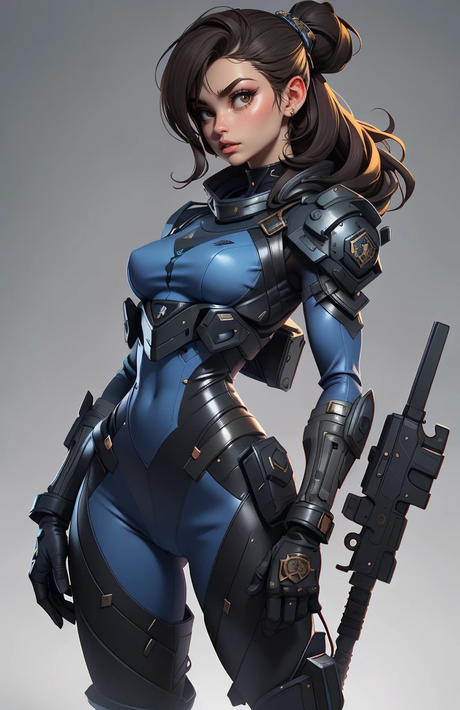 11:23(((Best quality: 1.4))),(Unparalleled tmasterpiece), (hyper HD),(Hyper-realistic 8k CG)、（dark colored hair） ((( body))), (((1 girl in))), 25-year-old American soldier with perfect body,,Beautiful and well groomed face,muscular body:1.2,Solid royal blue jacket with details, (Pictures from head to thighs)， Complex equipment, royal blue，long trousers，The clothes inside are dark，Clothes with armored metal electronic parts, Poison tattoos ),Gorgeous and fearless female warrior, fit and muscular body, military shirt, shoulder, Dark blonde hair, tattooed arms, Full detail on the face,  Killing eyes, high detal, actual, Photoquality, high high quality,  (photoactual:1.4), The content is very detailed, tmasterpiece, high high quality shadow,