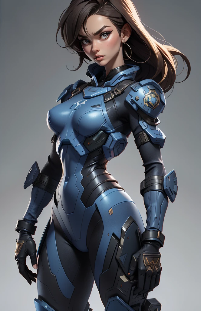 11:23(((Best quality: 1.4))),(Unparalleled tmasterpiece), (hyper HD),(Hyper-realistic 8k CG)、(dark colored hair) ((( body))), (((1 girl in))), 25-year-old American soldier with perfect body,,Beautiful and well groomed face,muscular body:1.2,Solid royal blue jacket with details, (Pictures from head to thighs), Complex equipment, royal blue,long trousers,The clothes inside are dark,Clothes with armored metal electronic parts, Poison tattoos ),Gorgeous and fearless female warrior, fit and muscular body, military shirt, shoulder, Dark blonde hair, tattooed arms, Full detail on the face, Killing eyes, high detal, actual, Photoquality, high high quality, (photoactual:1.4), The content is very detailed, tmasterpiece, high high quality shadow,