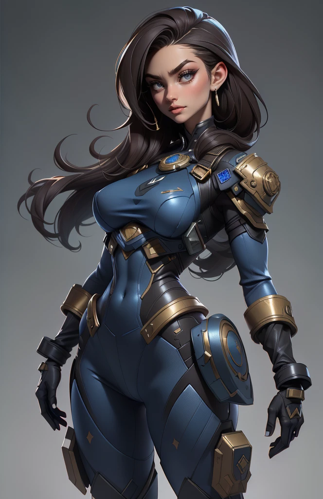 11:23(((Best quality: 1.4))),(Unparalleled tmasterpiece), (hyper HD),(Hyper-realistic 8k CG)、(dark colored hair) ((( body))), (((1 girl in))), 25-year-old American soldier with perfect body,,Beautiful and well groomed face,muscular body:1.2,Solid royal blue jacket with details, (Pictures from head to thighs), Complex equipment, royal blue,long trousers,The clothes inside are dark,Clothes with armored metal electronic parts, Poison tattoos ),Gorgeous and fearless female warrior, fit and muscular body, military shirt, shoulder, Dark blonde hair, tattooed arms, Full detail on the face, Killing eyes, high detal, actual, Photoquality, high high quality, (photoactual:1.4), The content is very detailed, tmasterpiece, high high quality shadow,