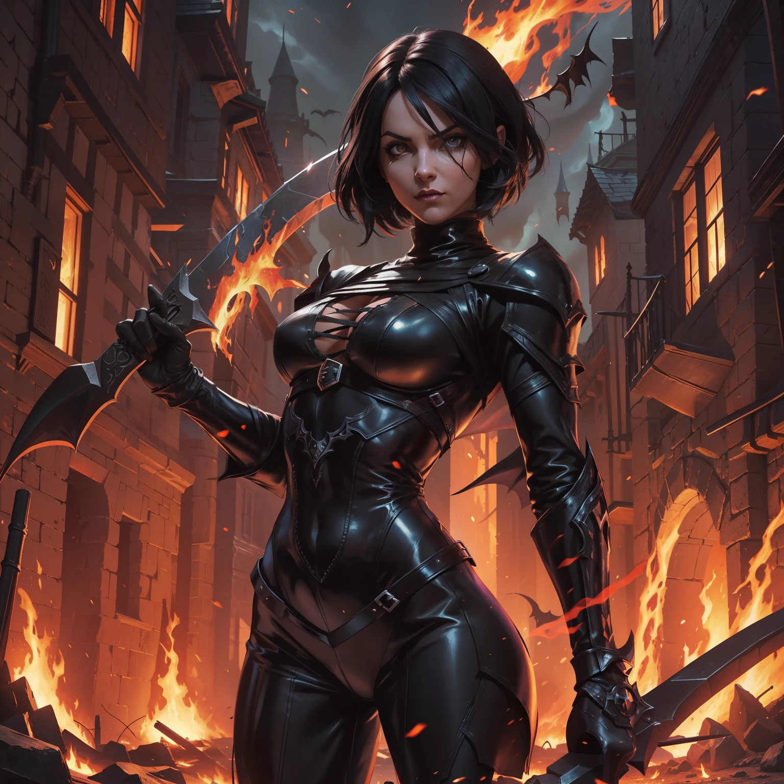 RPG rogue woman, SHADOW Scythe, dynamic fight pose, best quality, concept art, full body bodysuit, realistic portrait, wearing black full body latex bodysuit, black medium short bob hair, night time background, fantasy dnd character, dark fantasy, medieval, castlevania, dungeon and dragons, rpg character, burning town, flames, medieval town, concept art medieval city