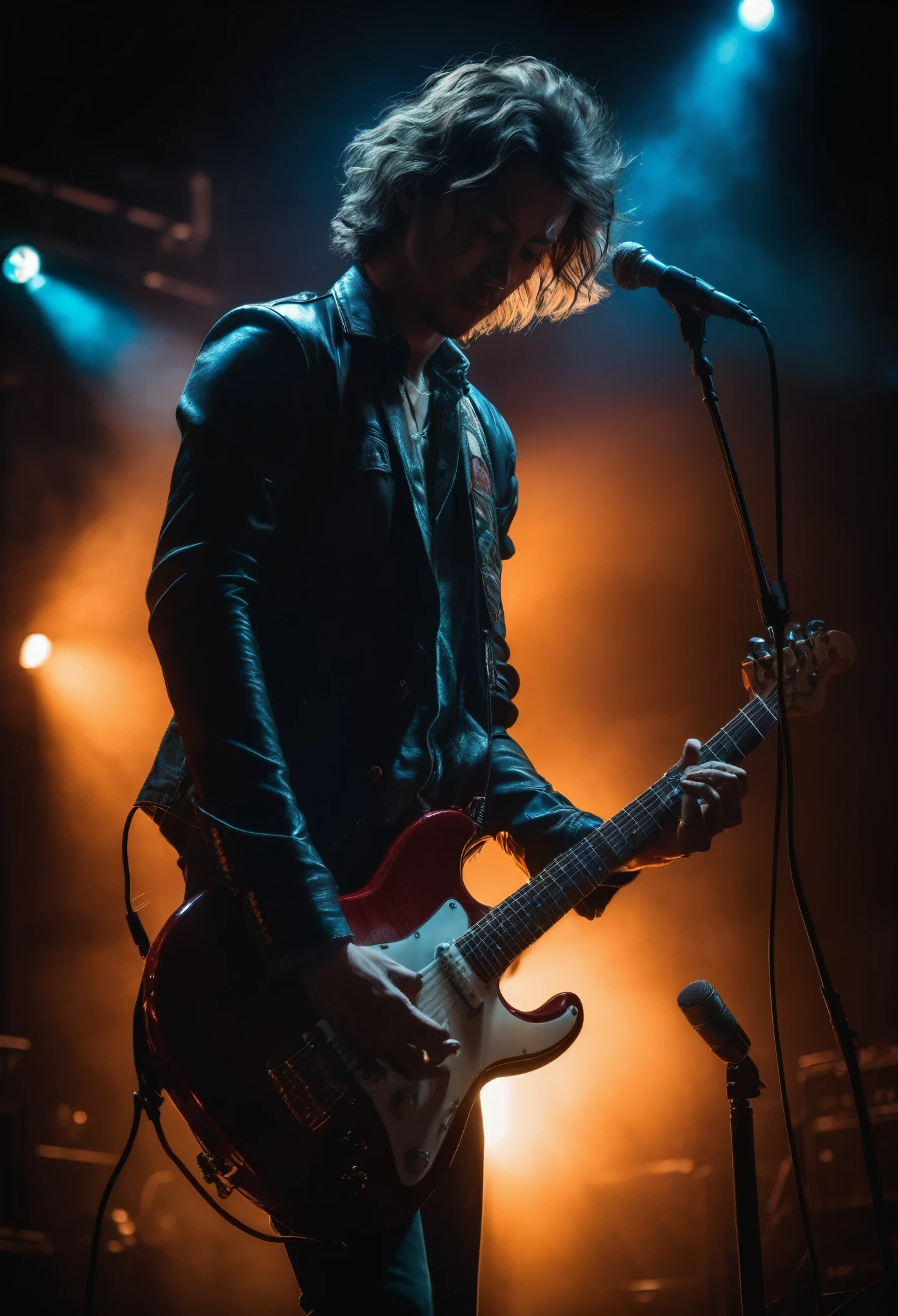 Guitarist, a guitarist playing an electric guitar, detailed, 8k, cinematic lighting, dramatic pose, intense expression, intricate guitar details, strings and fretboard visible, chiaroscuro lighting, dramatic shadows, moody atmosphere, cool color tones