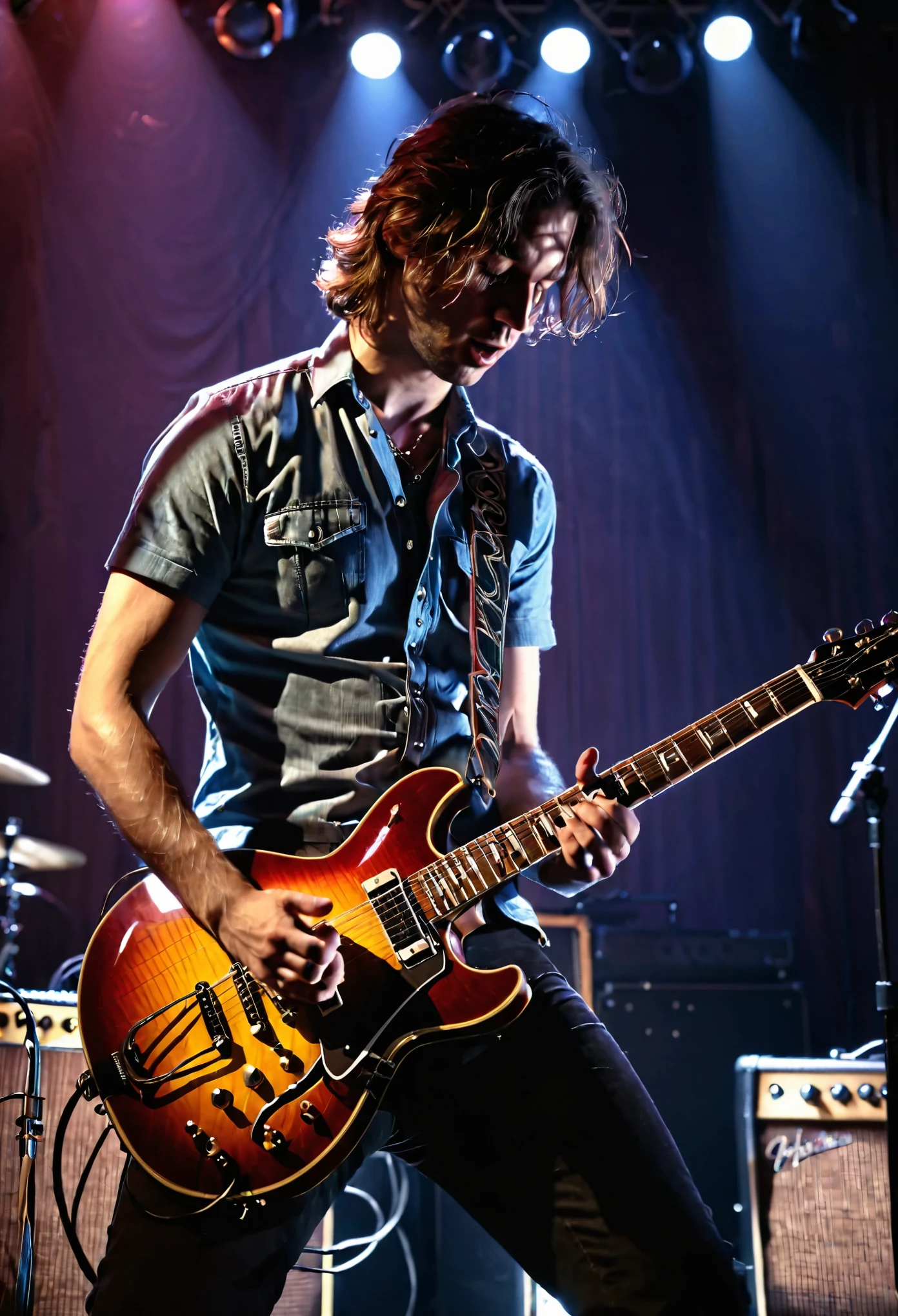 Guitarist, a guitarist playing an electric guitar, detailed, 8k, cinematic lighting, dramatic pose, intense expression, intricate guitar details, strings and fretboard visible, chiaroscuro lighting, dramatic shadows, moody atmosphere, cool color tones