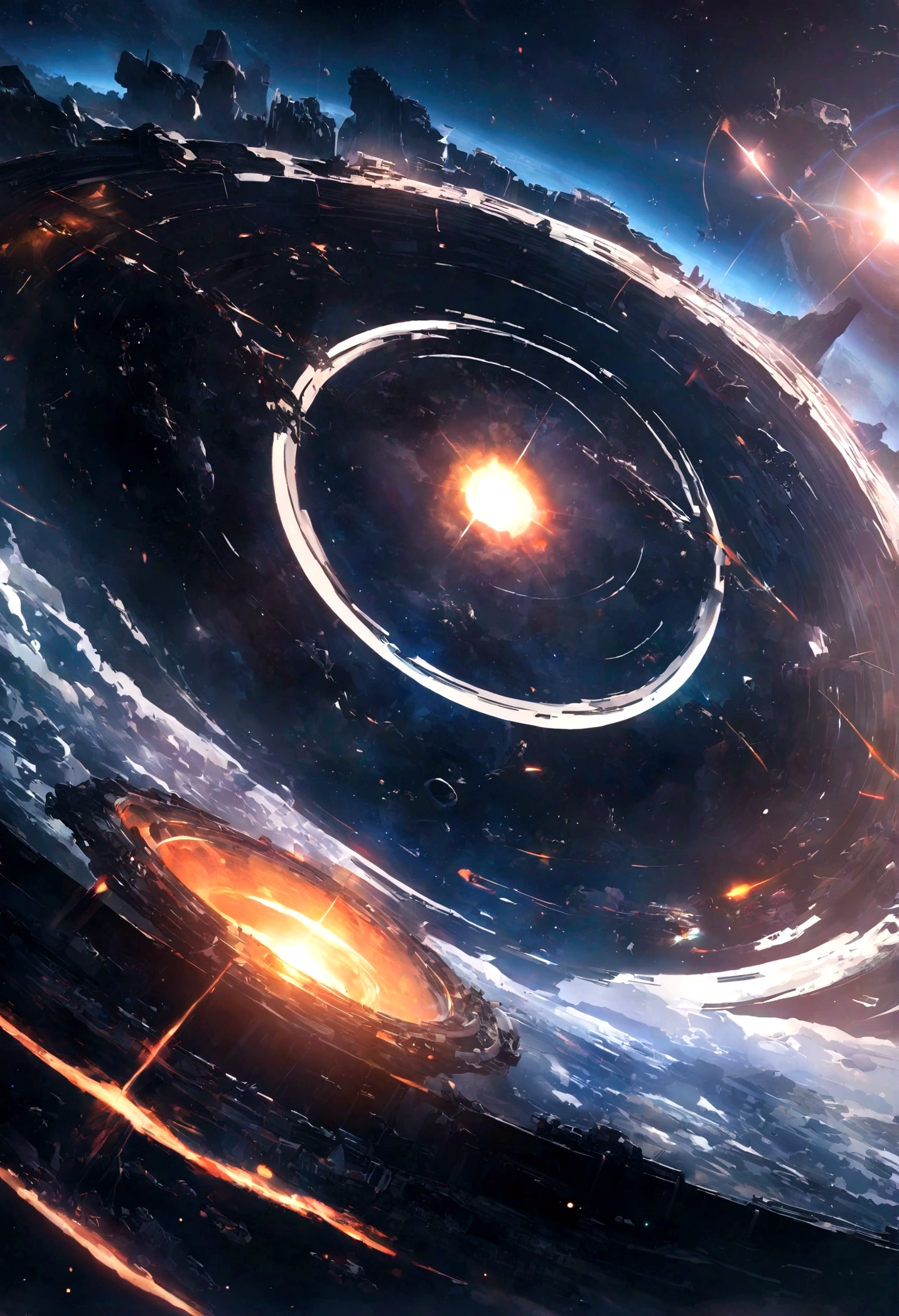 ((Masterpiece)),(Best quality)),Magnificent space image scene,heavenly body,Interstellar,((Huge star gates)),black hole,(((Huge starship))),Spaceship,Shining starry sky,8K,super-fine,high qulity