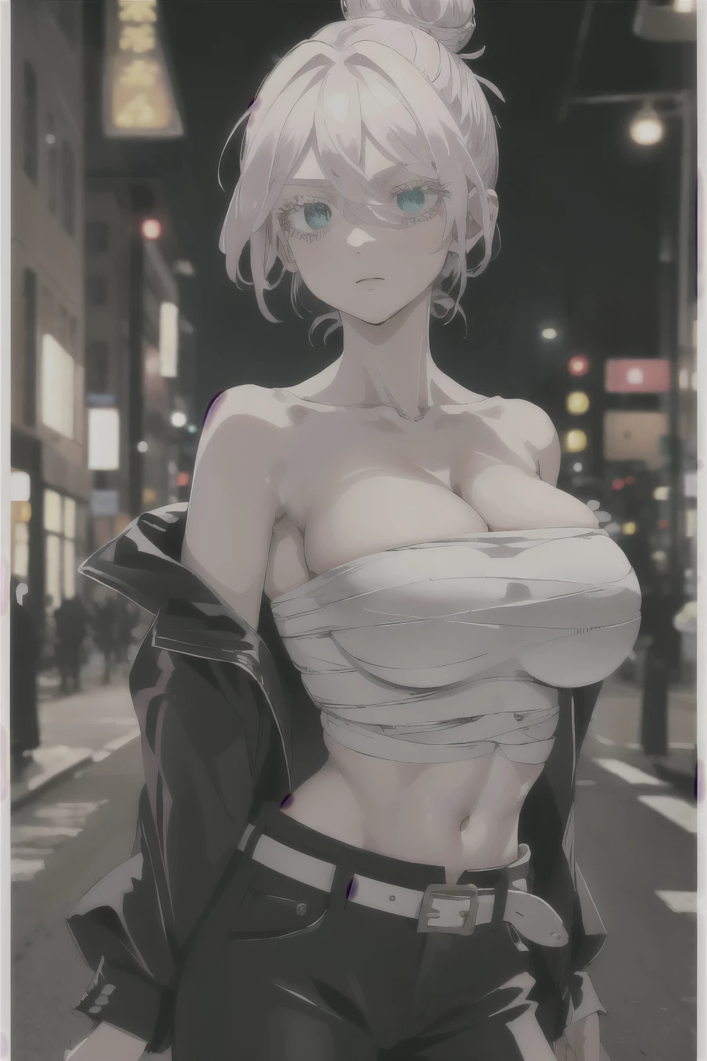 masterpiece, best quality, highres, 1girl, solo, short hair, white hair, hair bun, hair between eyes, colored eyelashes, aqua eyes, cleavage, sarashi, (big breasts: 1.7), bandages, black jacket, open clothes, long sleeves, midriff, belt, black pants, standing, (hand raised: 1.2), (shows armpit: 1.4), cowboy shot, outdoors, street, night