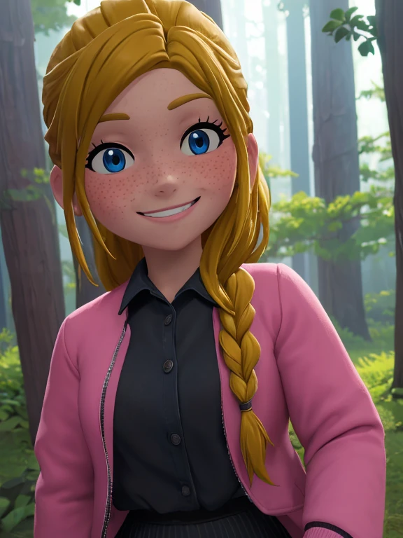 (masterpiece, best quality, high resolution:1.2), 1girl, solo, freckles, blue eyes, blonde hair, braid, shirt, black shirt, jacket, pink jacket, long sleeves, large hip, pants, black pants, black footwear, smile, close up, portrait, perfect eyes, forest, outdoor