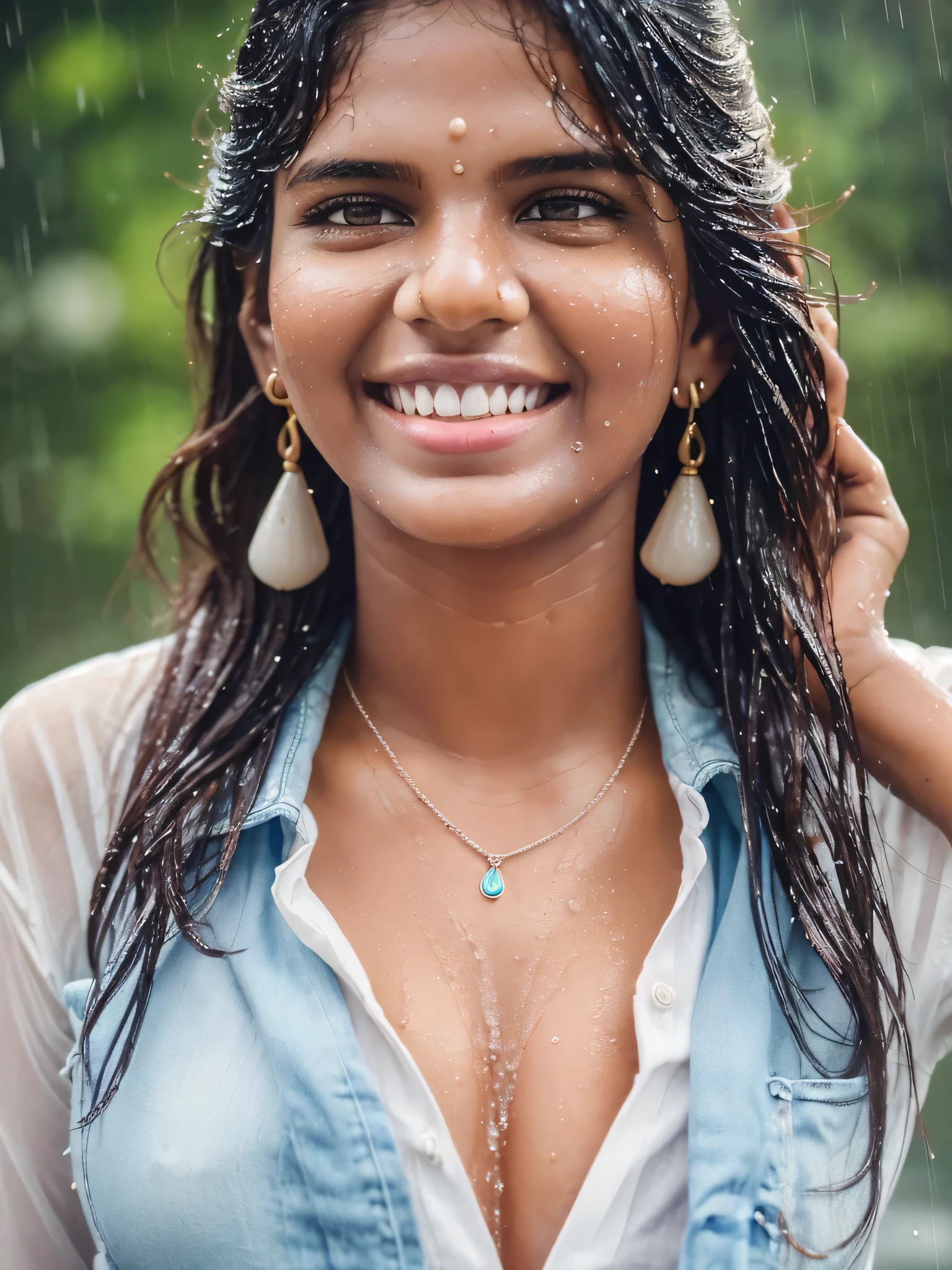 20 years old extremely beautiful brown Tamil girl (white shirt blue jeans), (bangles earrings necklace wrist watch), enjoying in the rain, drenched in rain, facing viewers facing camera, eyes symmetry, (best quality, ultra-detailed:1.6), colorful scene, bright color palette, playful atmosphere, vibrant colors, cute expressions, joyful laughter, raindrop reflections, wet hair, wet clothes, wet body, body reflecting light, back lit, refreshing ambiance, happy face, splashing water, raindrops falling around her, natural lighting, candid moments captured, lively mood, (intricate detailing:1.6 faces & eyes & ears & nose & lips & skin & 5 fingers & curves & body parts)