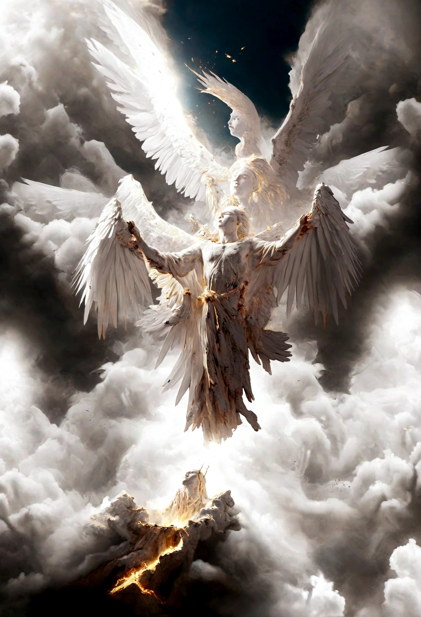 angels being kicked out from heaven, ancient, realistic, falling from the sky, evil, dark