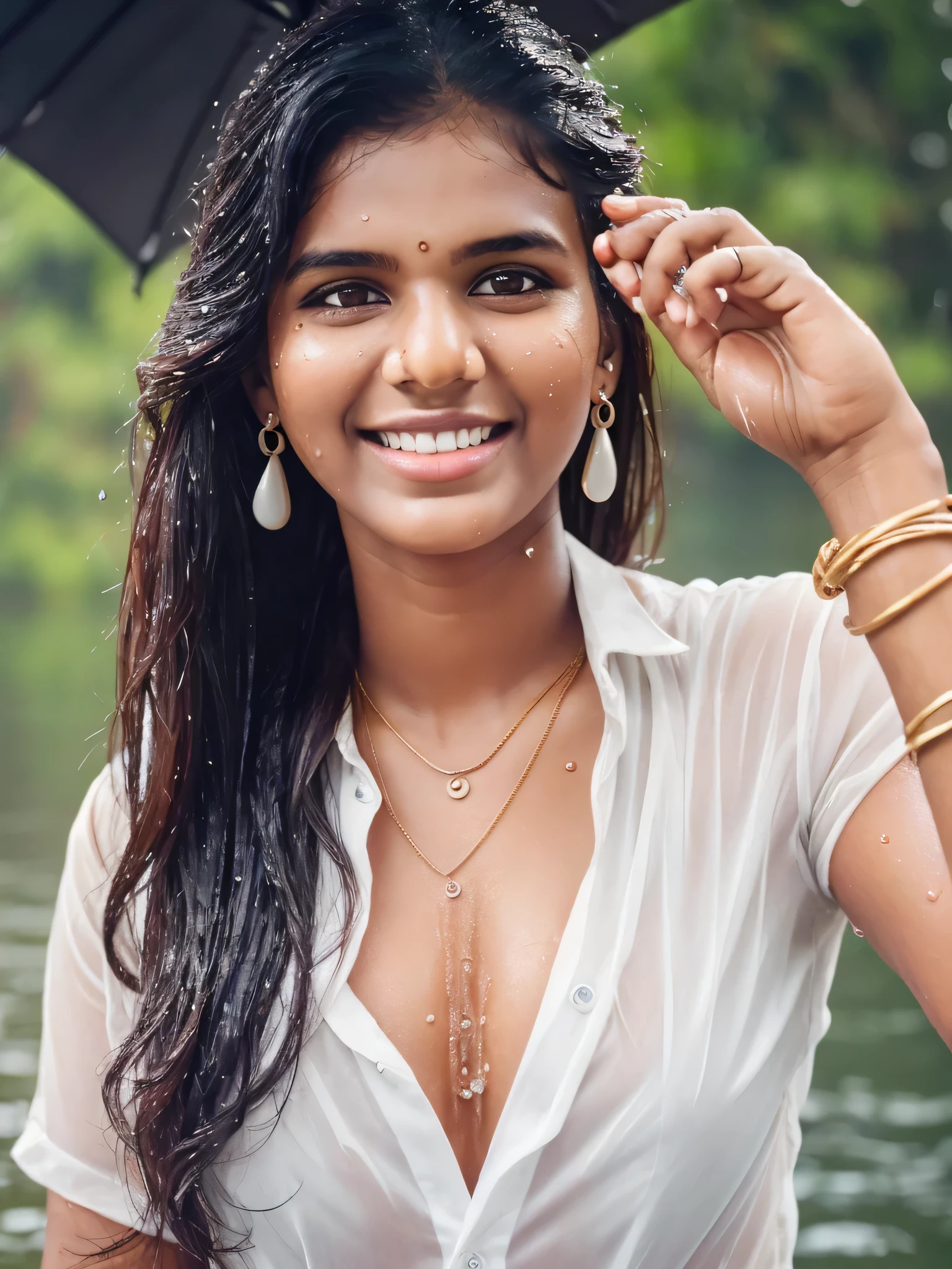20 years old extremely beautiful brown Tamil girl (white shirt blue jeans), (bangles earrings necklace wrist watch), enjoying in the rain, drenched in rain, facing viewers facing camera, eyes symmetry, (best quality, ultra-detailed:1.6), colorful scene, bright color palette, playful atmosphere, vibrant colors, cute expressions, joyful laughter, raindrop reflections, wet hair, wet clothes, wet body, body reflecting light, back lit, refreshing ambiance, happy face, splashing water, raindrops falling around her, natural lighting, candid moments captured, lively mood, (intricate detailing:1.6 faces & eyes & ears & nose & lips & skin & 5 fingers & curves & body parts)