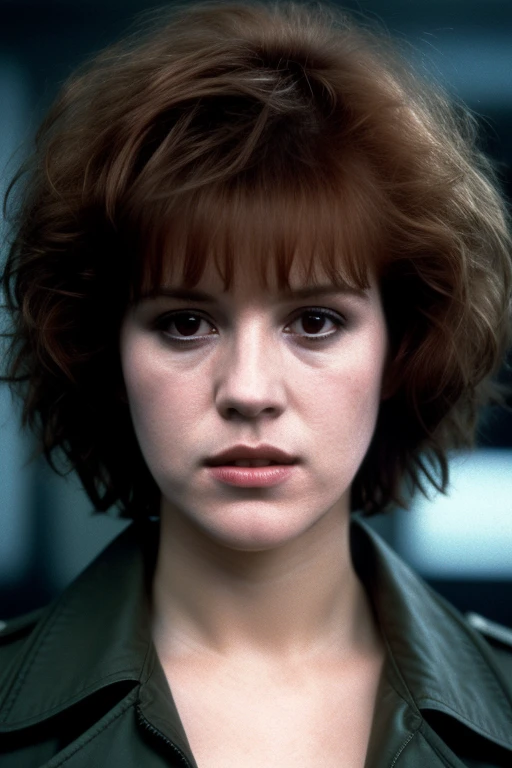 eighteen-year-old Molly Ringwald, messy/shaggy razored/layered bob haircut with sideswept bangs, bags under eyes, exhausted eyes, undershadowed eyes, copper pocketwatch necklace, dark green jacket with sleeves rolled up, white shirt, jeans, extremely realistic, extremely detailed, extreme realism, extreme detail, extremely accurate resemblance, scene from 1986 psychological sci-fi horror film, directed by Michael Mann, cinematography by Dante Spinotti, muted color scheme, muted color palette, neo-noir, tech-noir, shot on 35mm film, aspect ratio 2:35:1, atmospheric, moody, Manhunter (1986) influenced, Thief (1981) influenced, bedhead, unkempt hair, insomniac, dark circles under eyes, brooding anti-heroine, cult classic, cult film, complex, elaborate, masterpiece, underlit, dark, 4k ultra HD remaster from original 35mm film negative, Drive (2011) influenced, Nicholas Winding Refn influenced